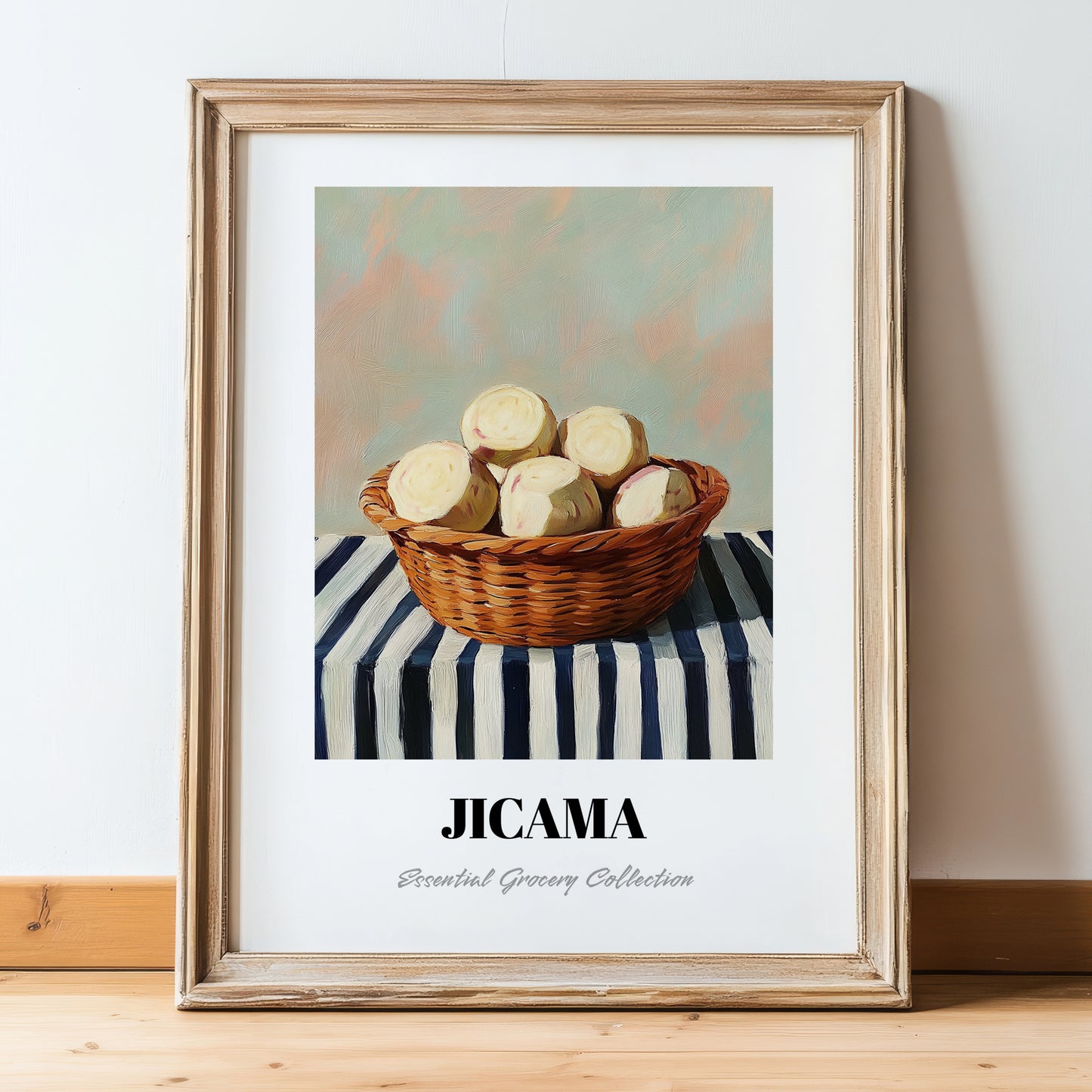 Jicama – on Striped Tablecloth, Vegetable Wall Art, in wooden frame leaning on the floor