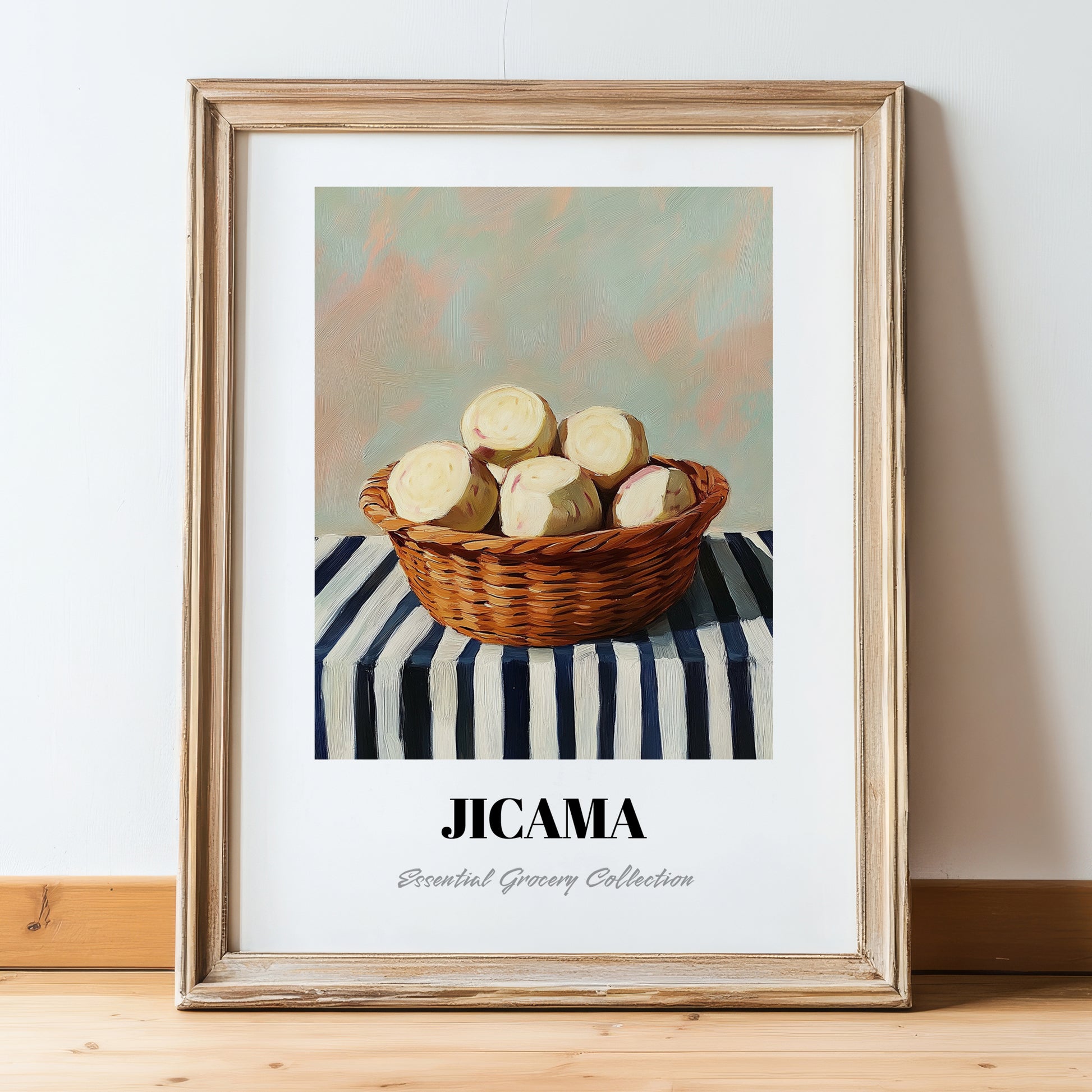 Jicama – on Striped Tablecloth, Vegetable Wall Art, in wooden frame leaning on the floor