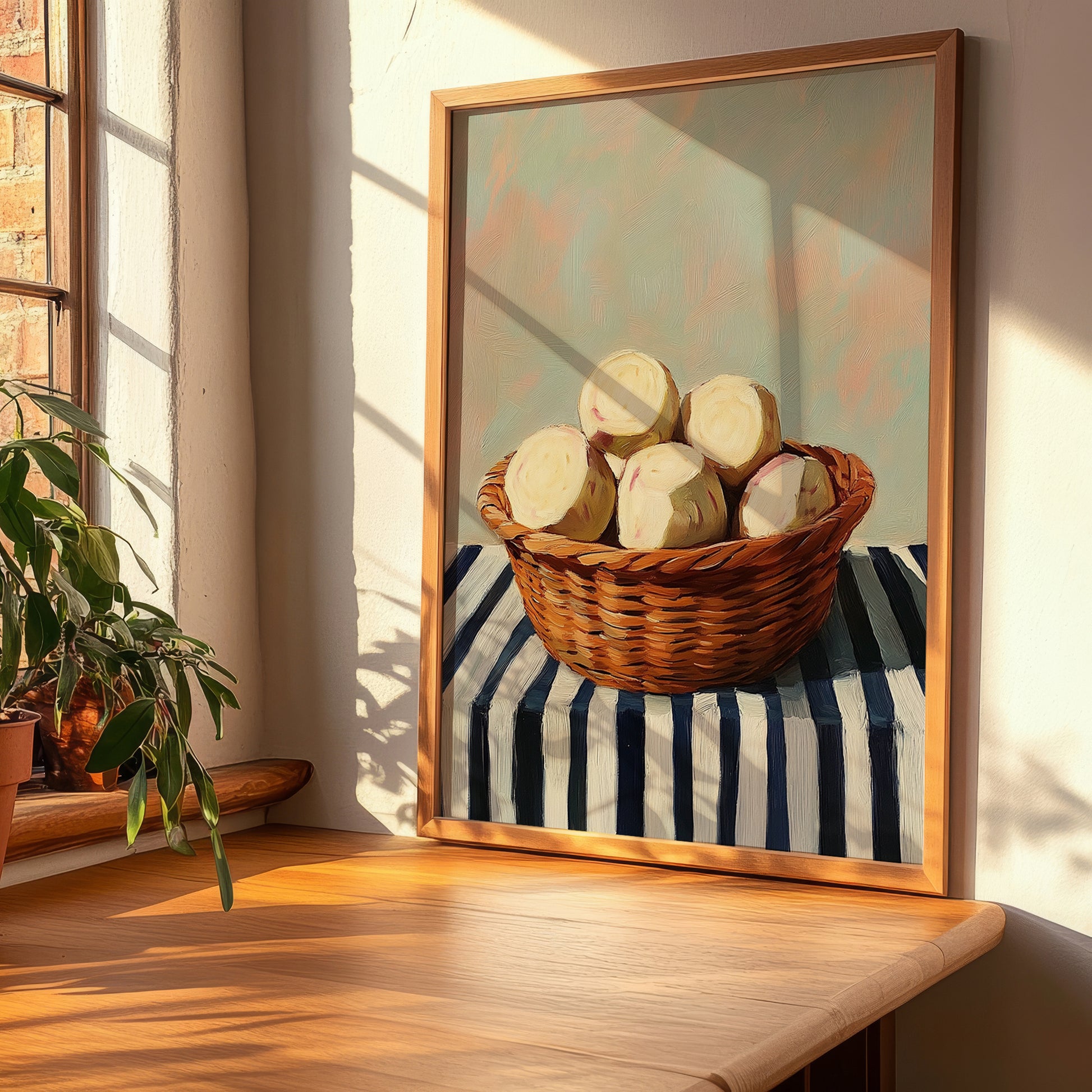 Jicama – on Striped Tablecloth, Vegetable Wall Art, clean layout with no caption