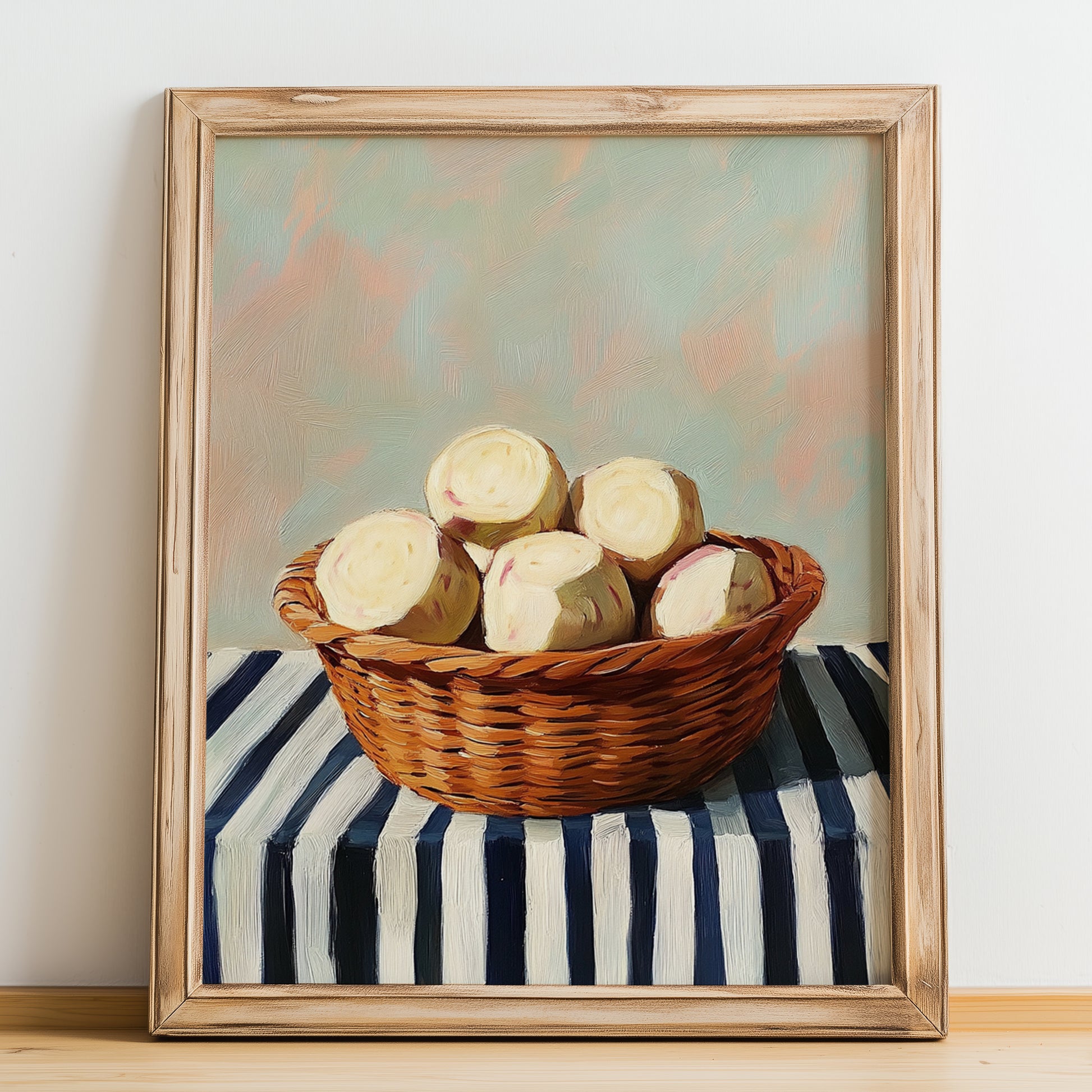 Jicama – on Striped Tablecloth, Vegetable Wall Art, no-text version framed in wood