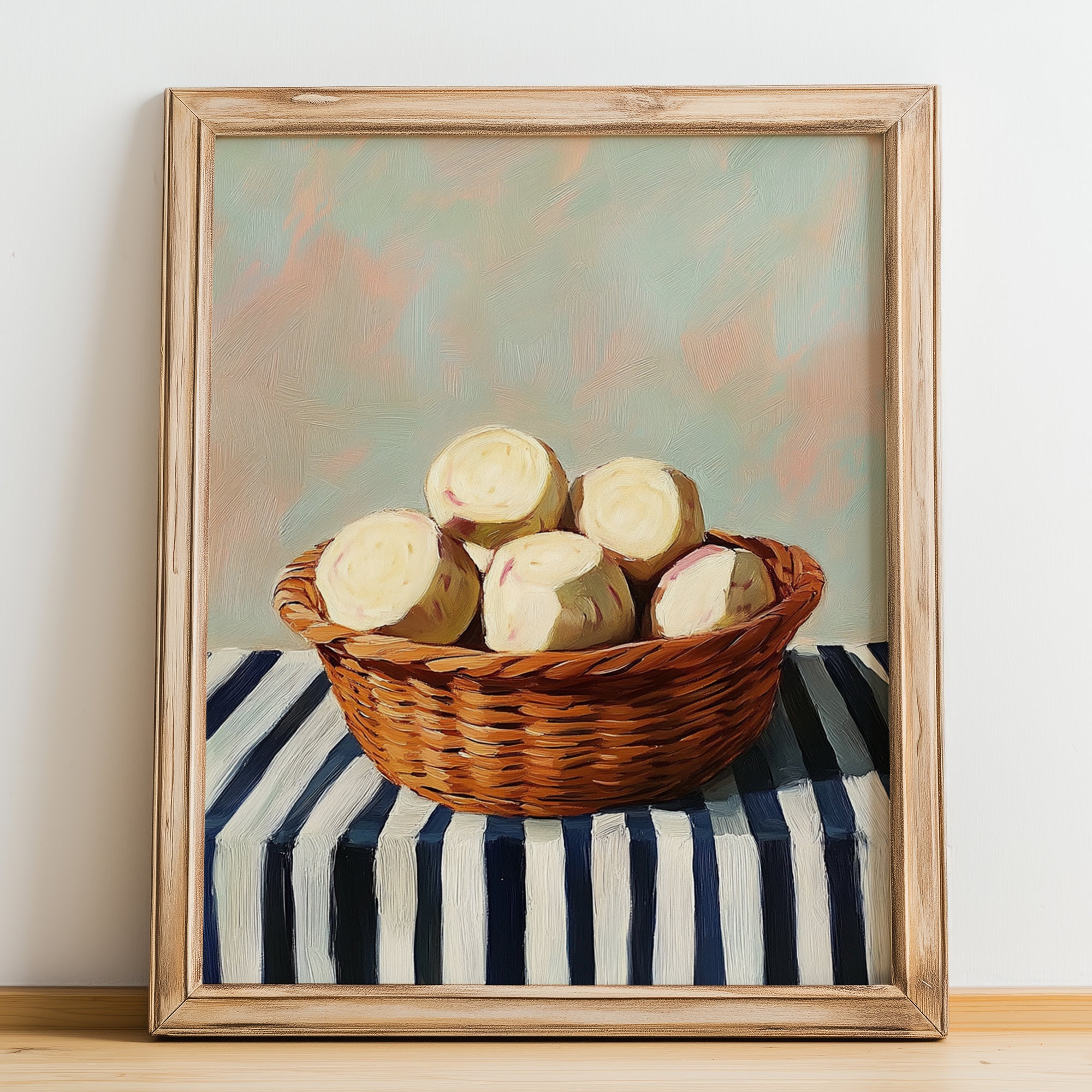 Jicama – on Striped Tablecloth, Vegetable Wall Art, no-text version framed in wood