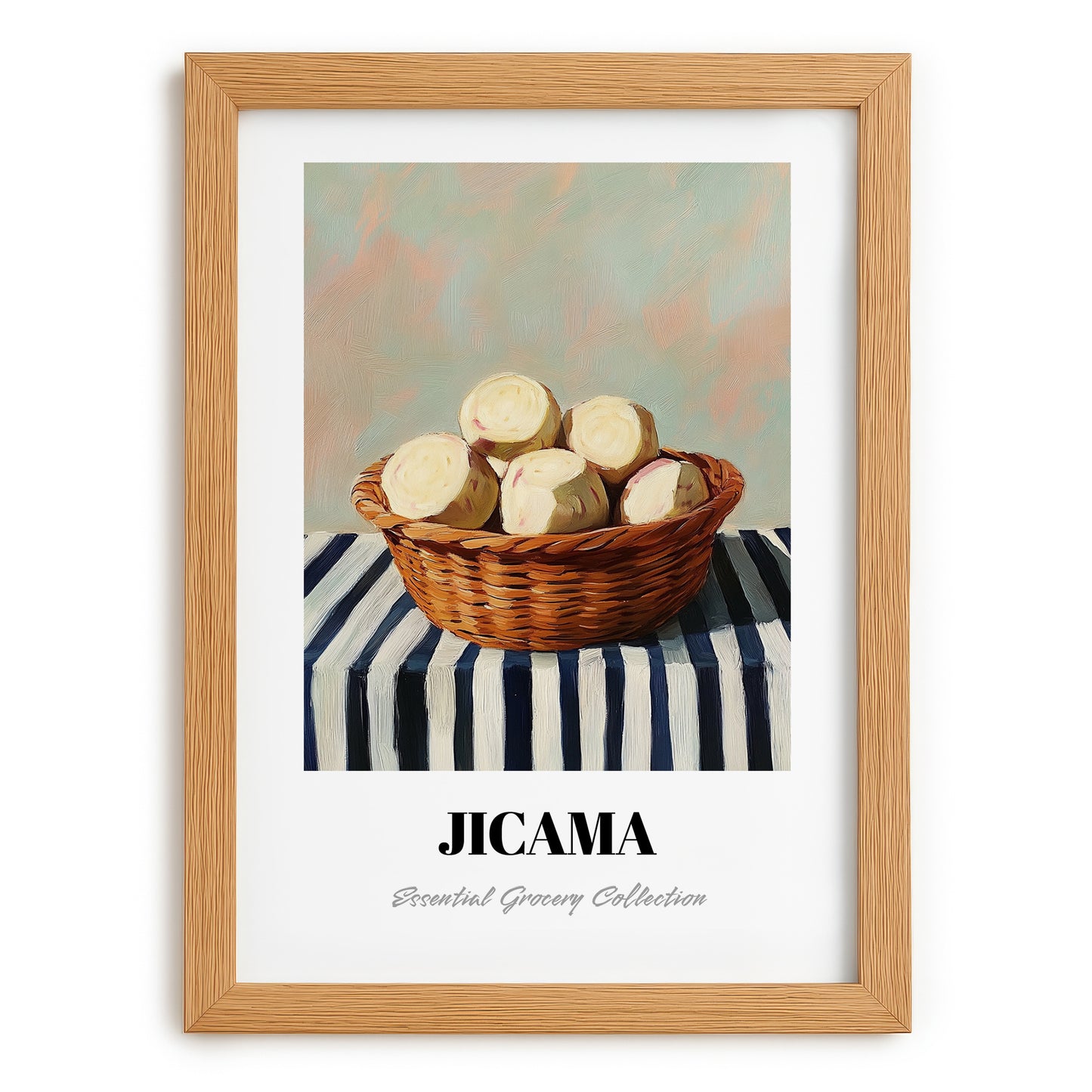 Jicama – on Striped Tablecloth, Vegetable Wall Art, set in oak frame