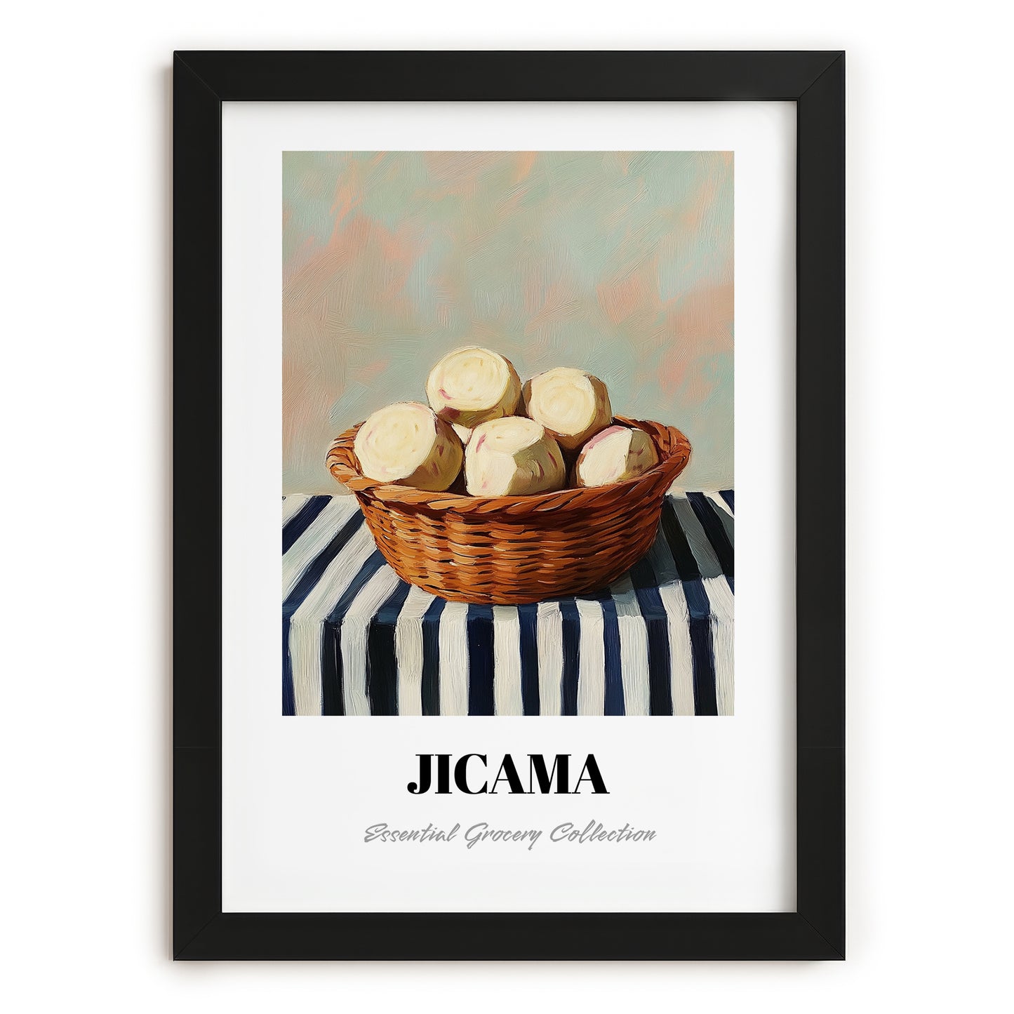 Jicama – on Striped Tablecloth, Vegetable Wall Art, in sleek black frame