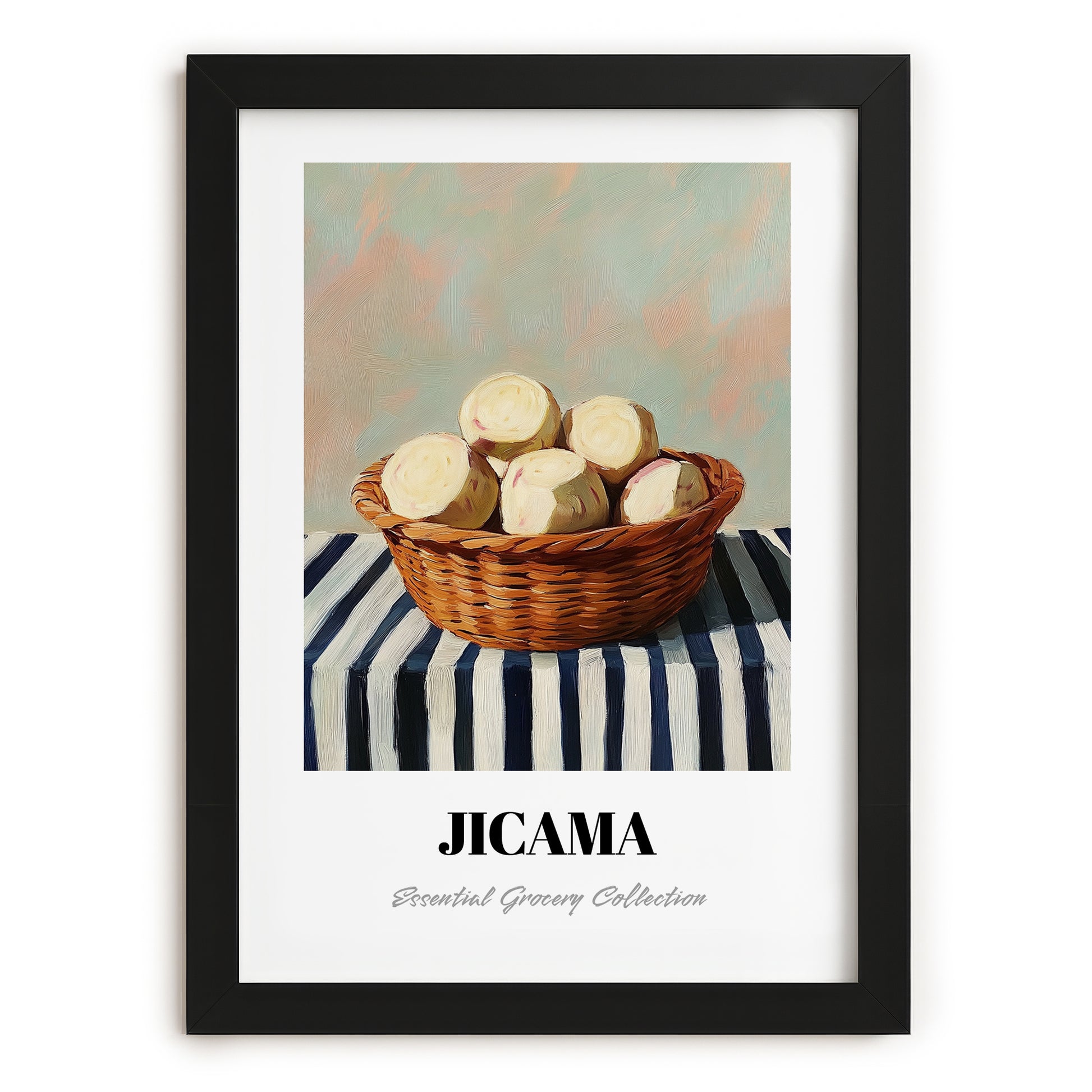 Jicama – on Striped Tablecloth, Vegetable Wall Art, in sleek black frame