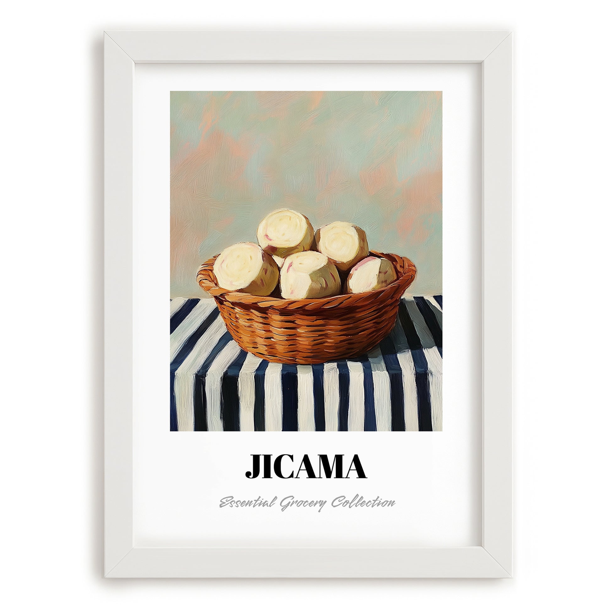 Jicama – on Striped Tablecloth, Vegetable Wall Art, placed in minimal white frame