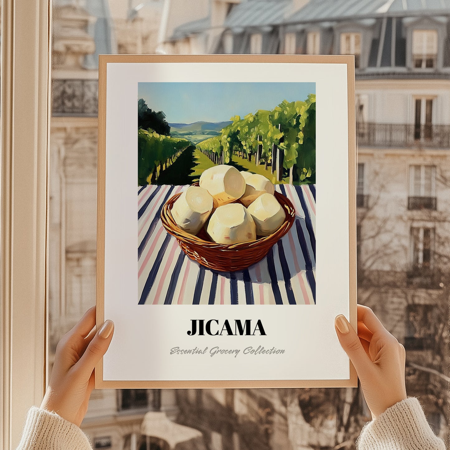 Jicama – Green Valley Landscape, Vegetable Poster, styled in a charming Paris street view