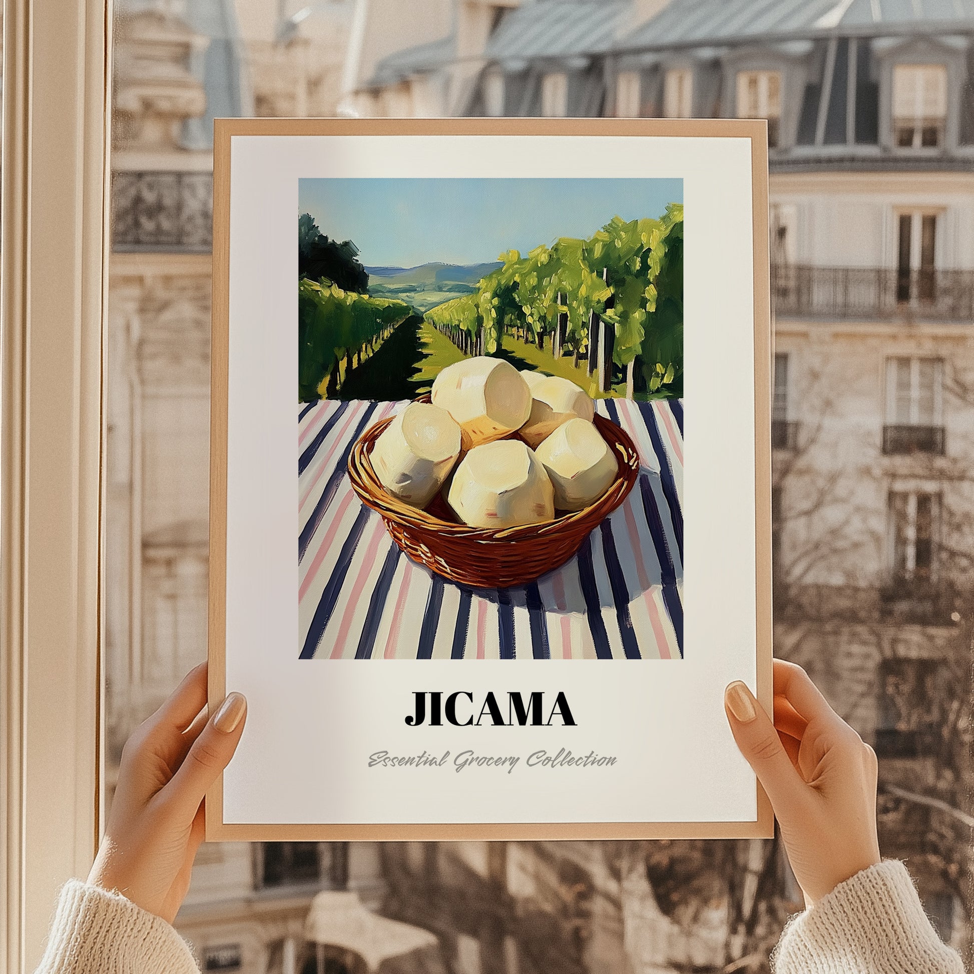 Jicama – Green Valley Landscape, Vegetable Poster, styled in a charming Paris street view