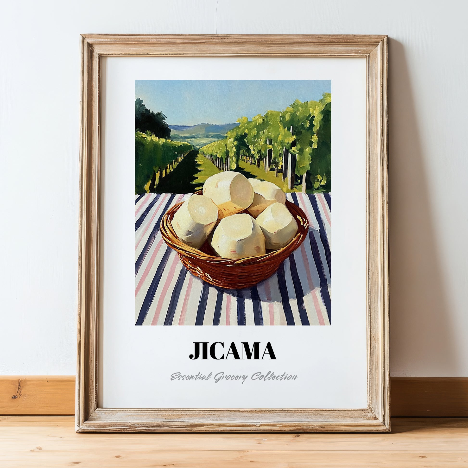 Jicama – Green Valley Landscape, Vegetable Poster, in wooden frame leaning on the floor