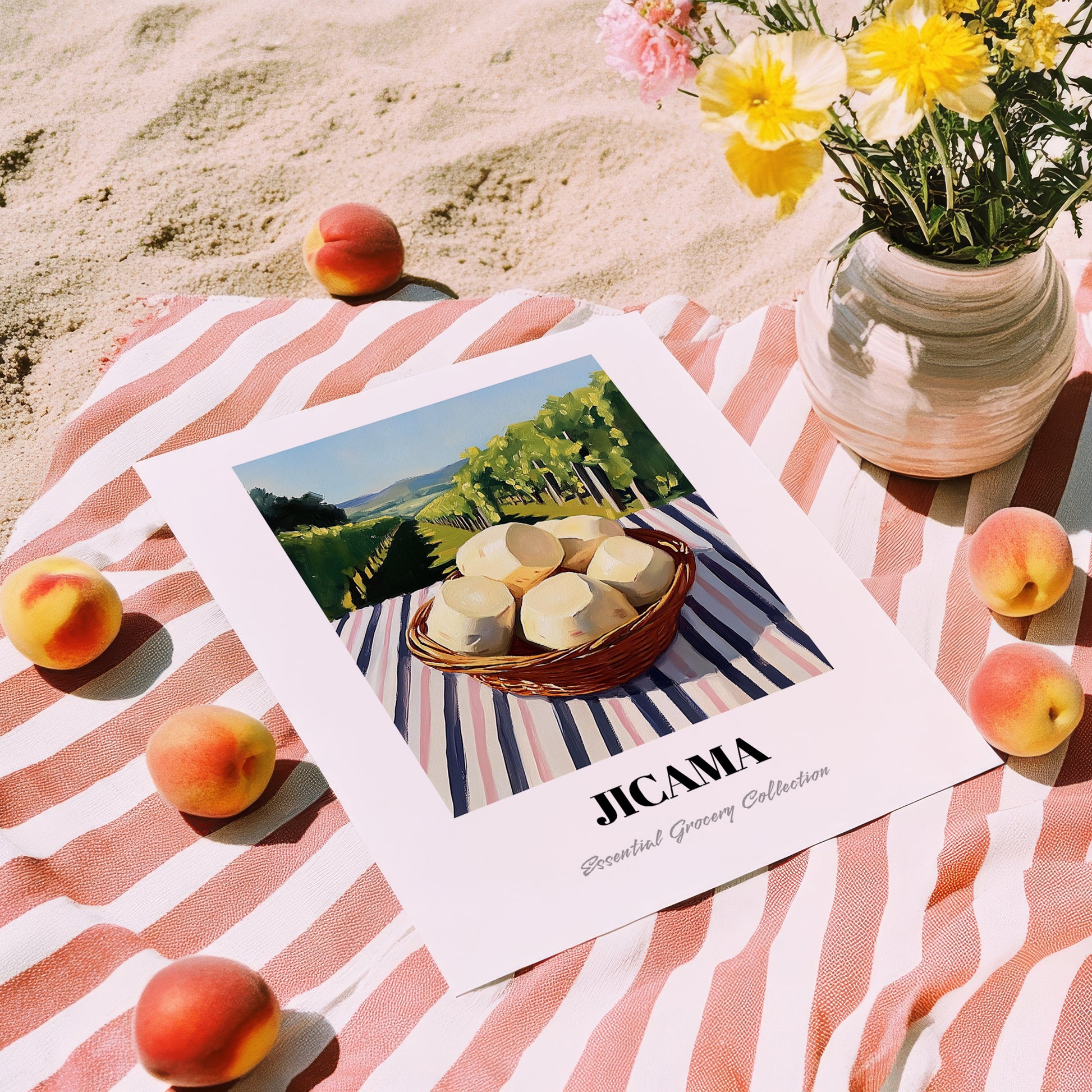 Jicama – Green Valley Landscape, Vegetable Poster, unframed on coastal sand