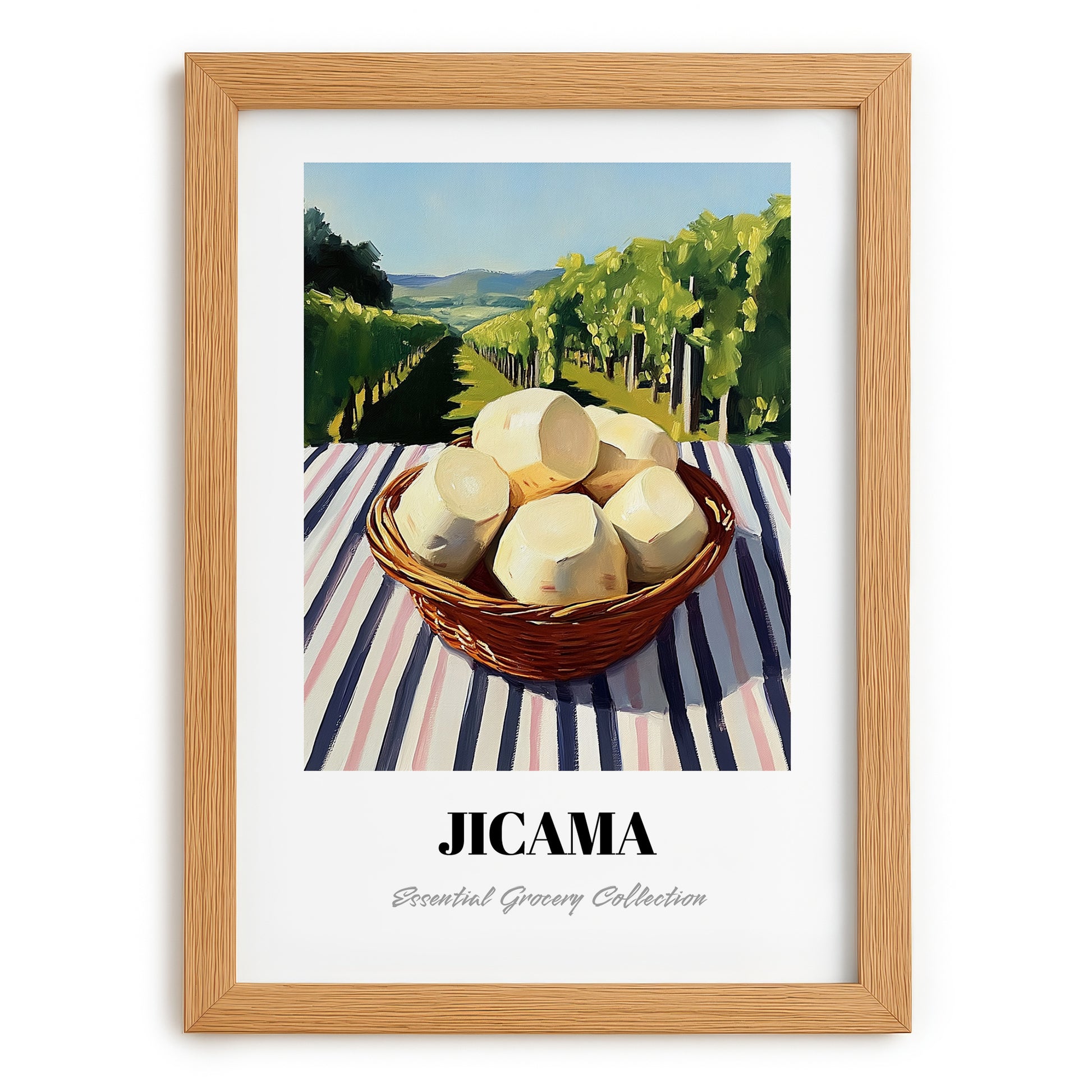 Jicama – Green Valley Landscape, Vegetable Poster, set in oak frame