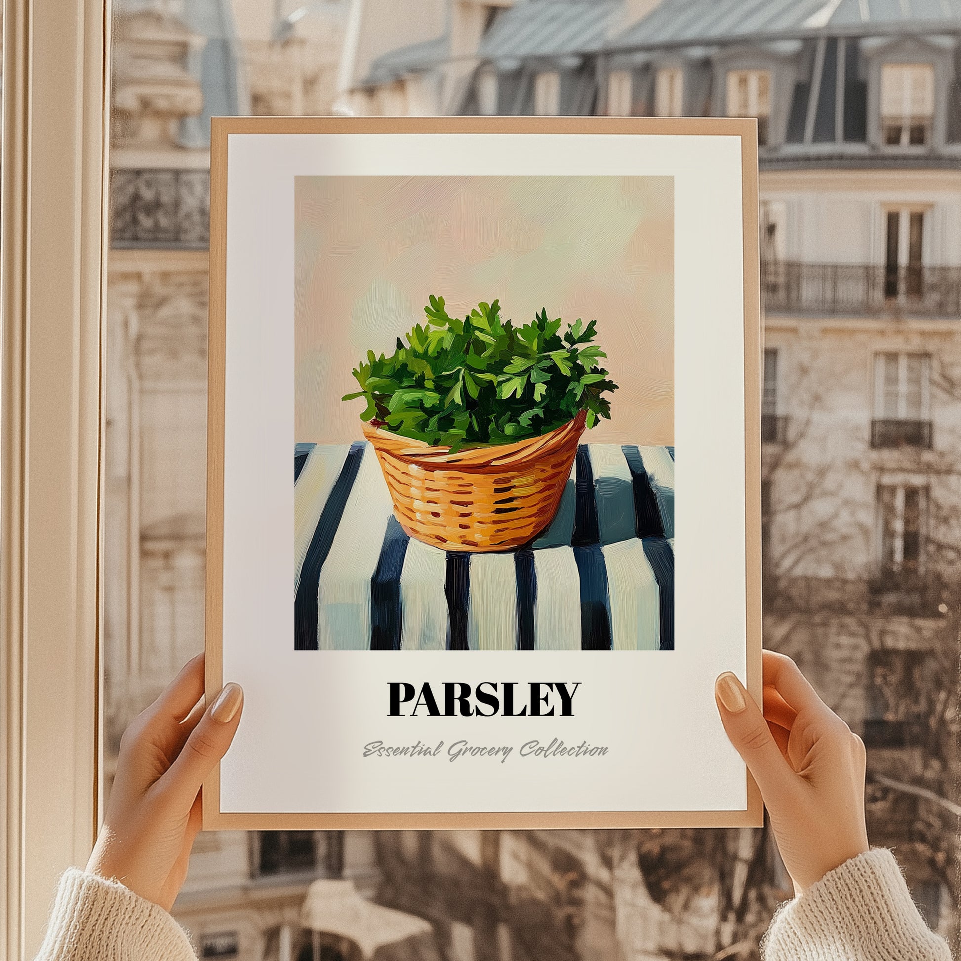 Parsley – on Striped Tablecloth, Fresh Herbs Illustration, styled in a charming Paris street view