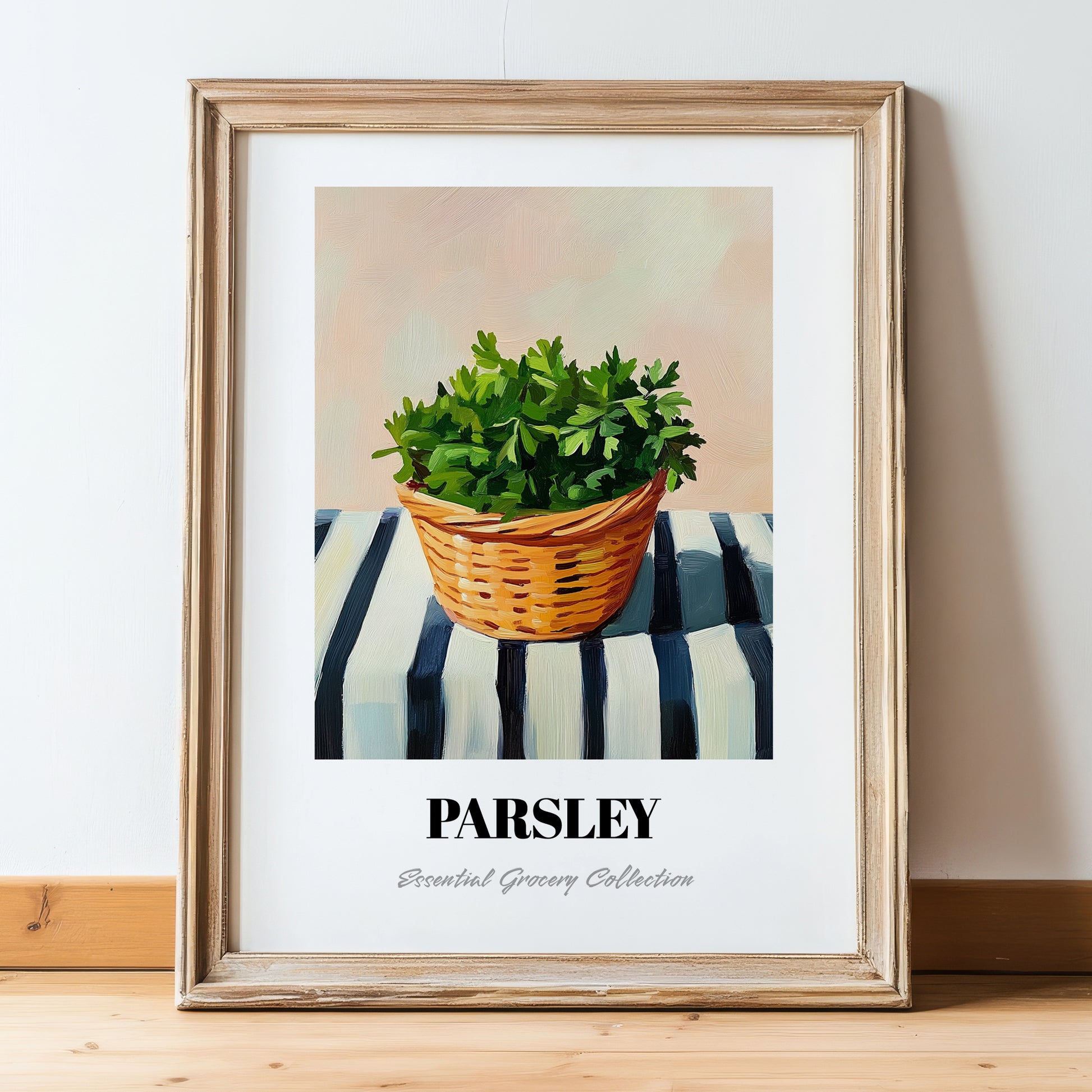 Parsley – on Striped Tablecloth, Fresh Herbs Illustration, in wooden frame leaning on the floor