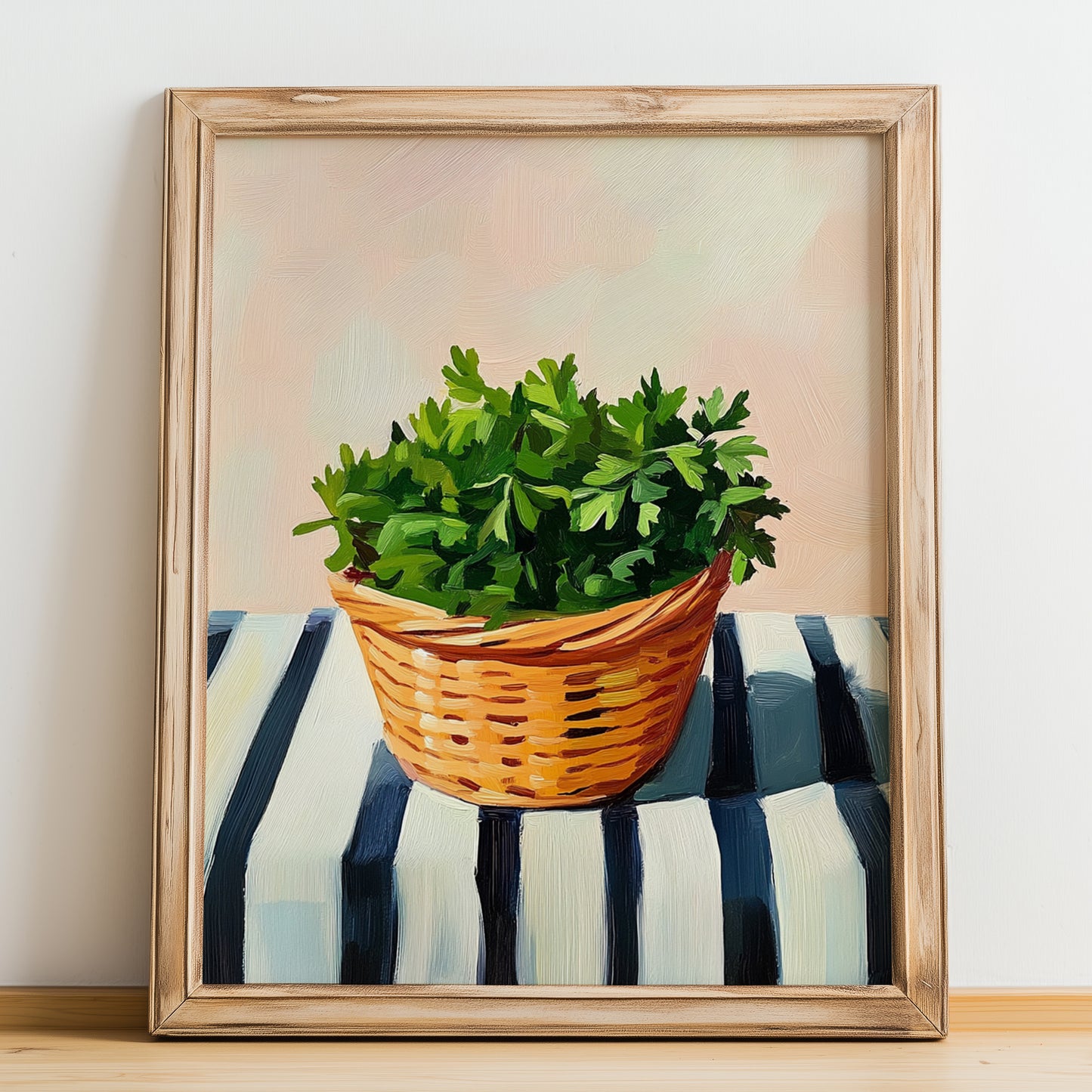 Parsley – on Striped Tablecloth, Fresh Herbs Illustration, no-text version framed in wood