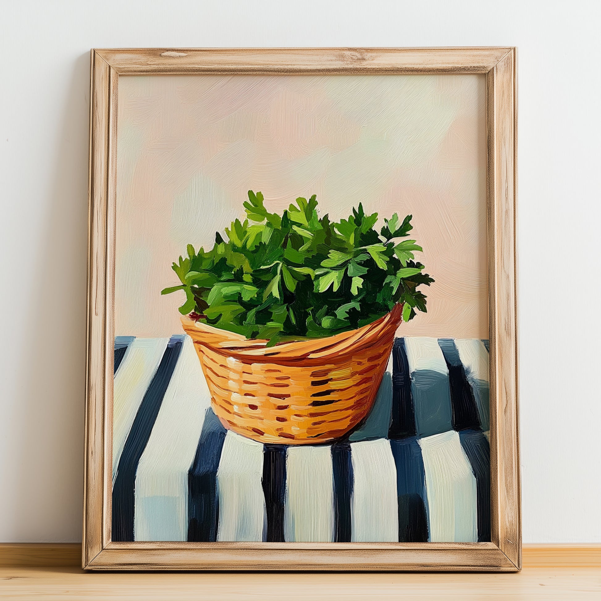 Parsley – on Striped Tablecloth, Fresh Herbs Illustration, no-text version framed in wood