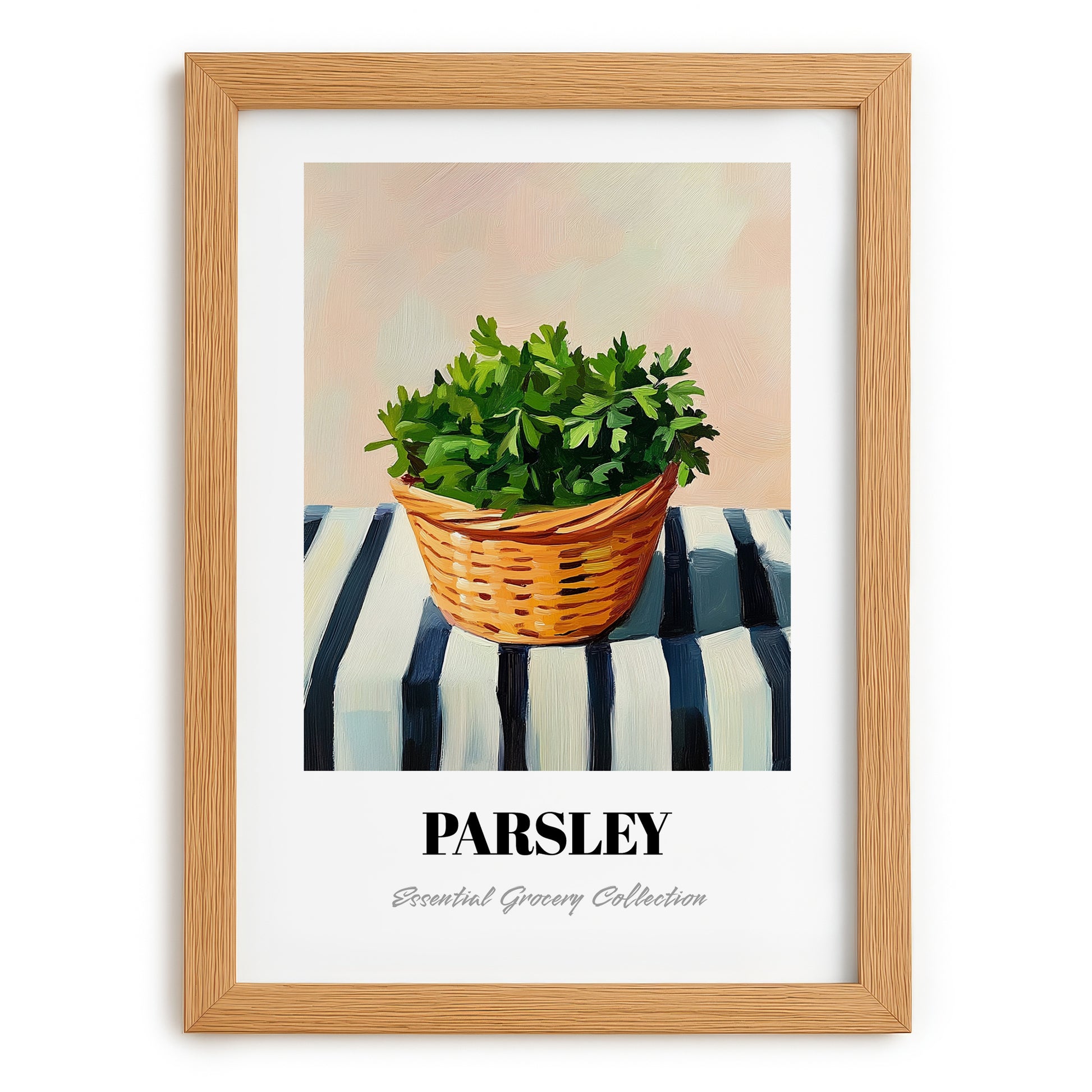 Parsley – on Striped Tablecloth, Fresh Herbs Illustration, set in oak frame