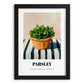 Parsley – on Striped Tablecloth, Fresh Herbs Illustration, in sleek black frame