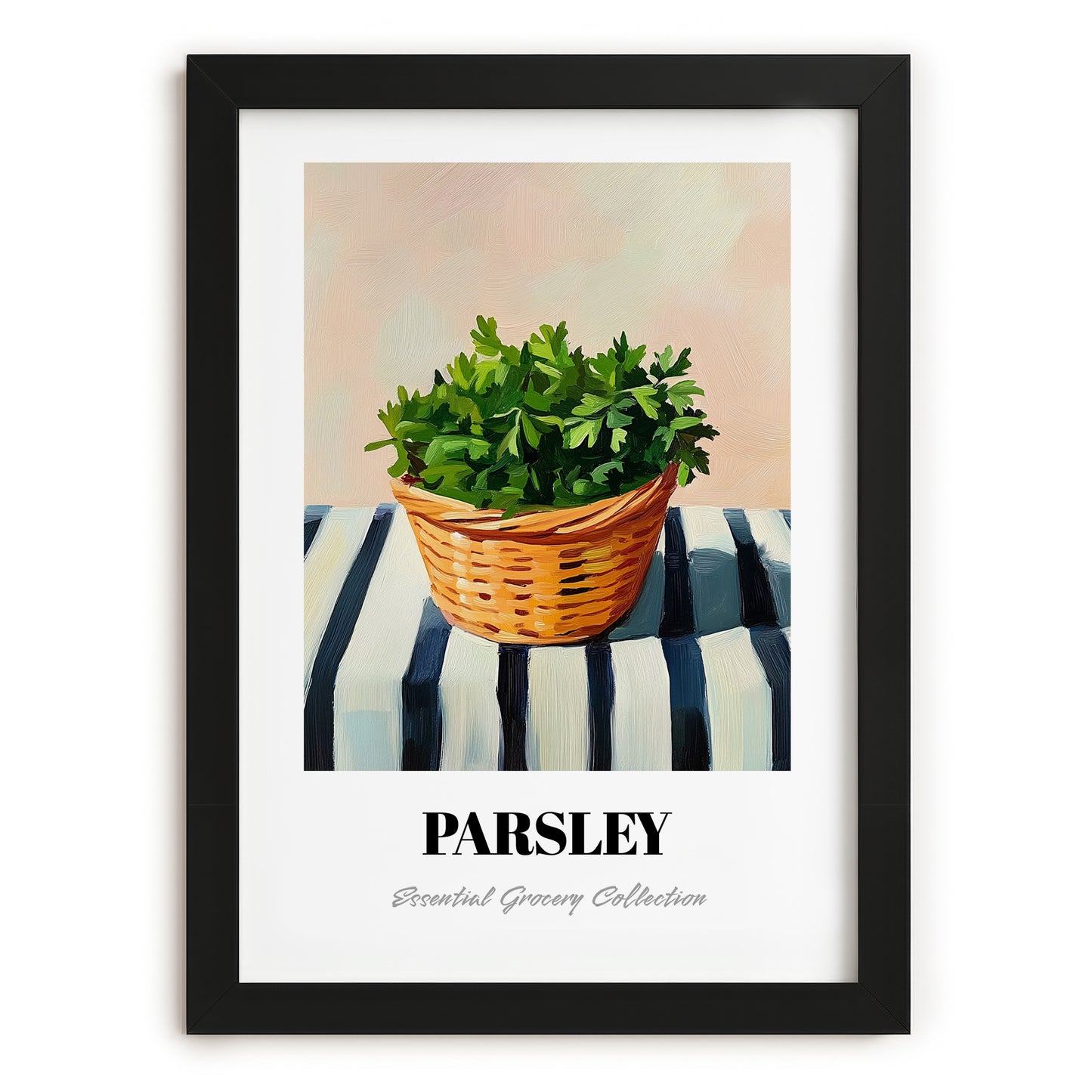 Parsley – on Striped Tablecloth, Fresh Herbs Illustration, in sleek black frame
