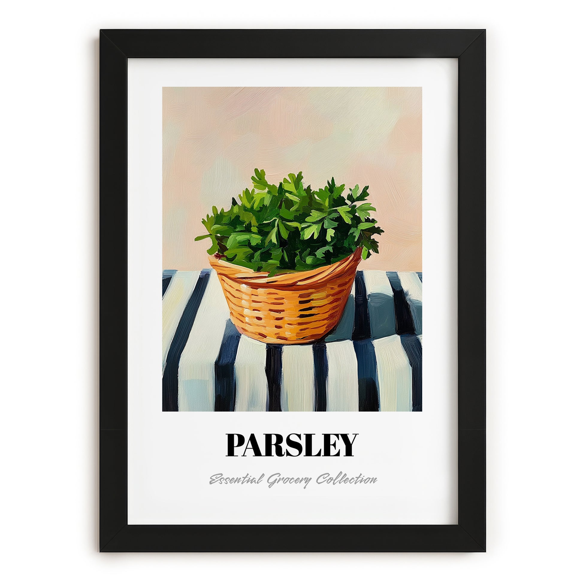 Parsley – on Striped Tablecloth, Fresh Herbs Illustration, in sleek black frame