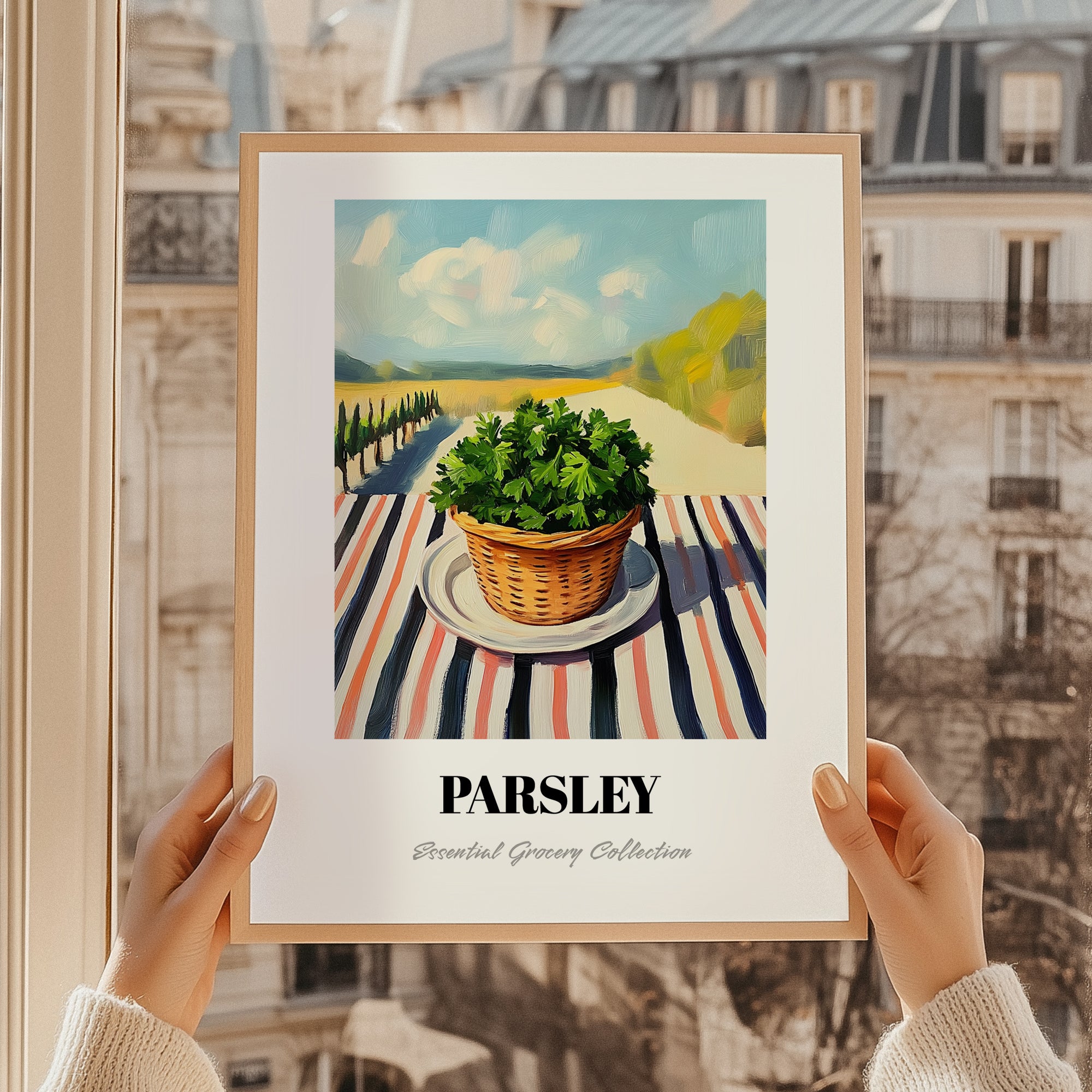 Parsley – Valley Café Scene, Fresh Herbs Painting, styled in a charming Paris street view