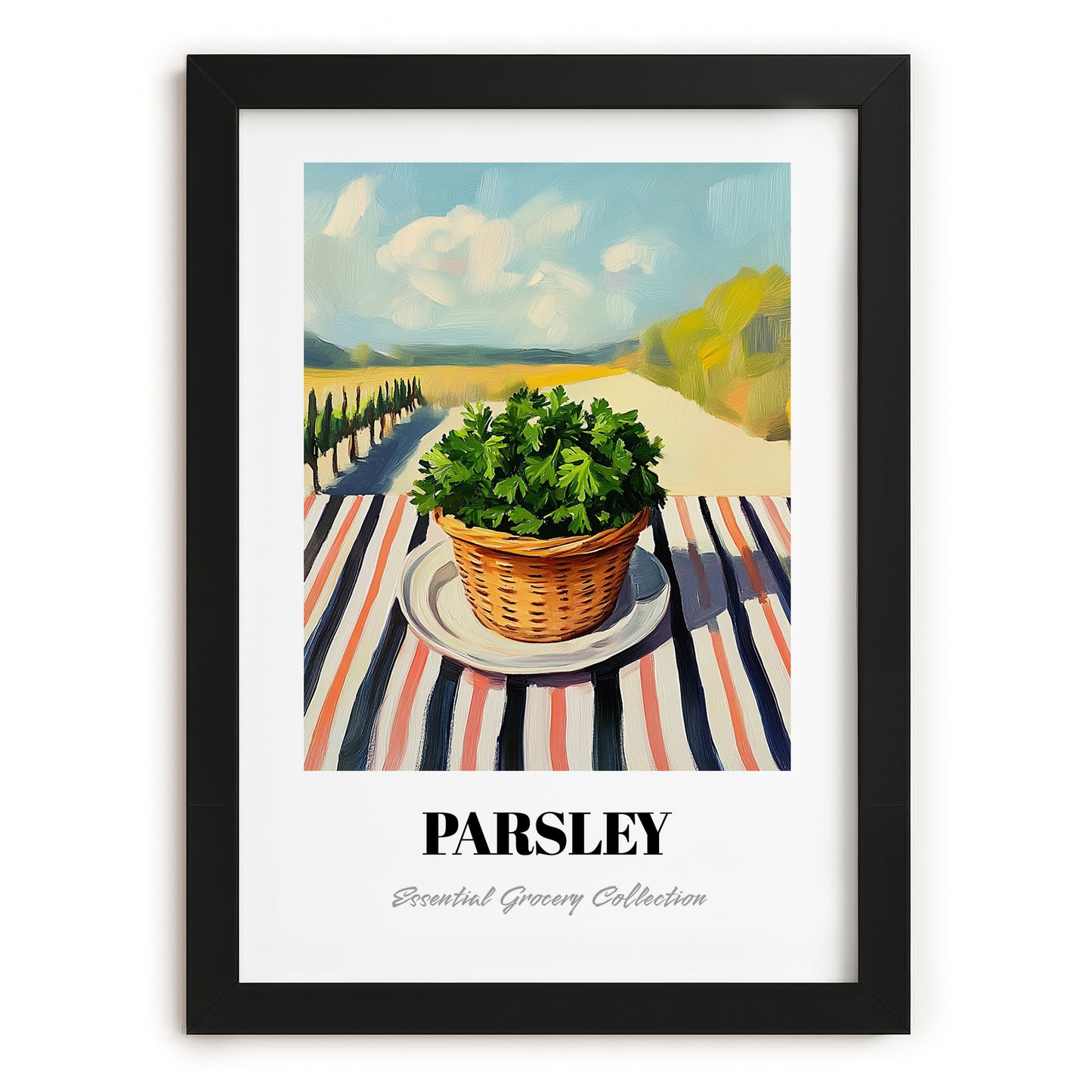 Parsley – Valley Café Scene, Fresh Herbs Painting, in sleek black frame