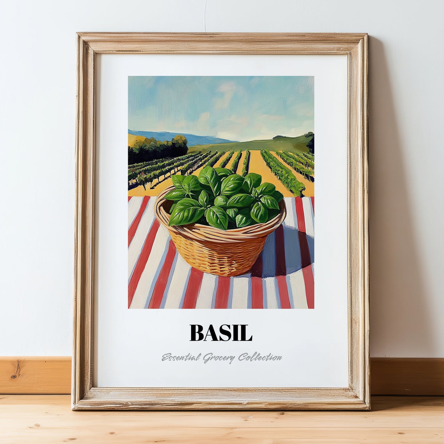 Basil – Green Valley Landscape, Fresh Herbs Still Life, in wooden frame leaning on the floor