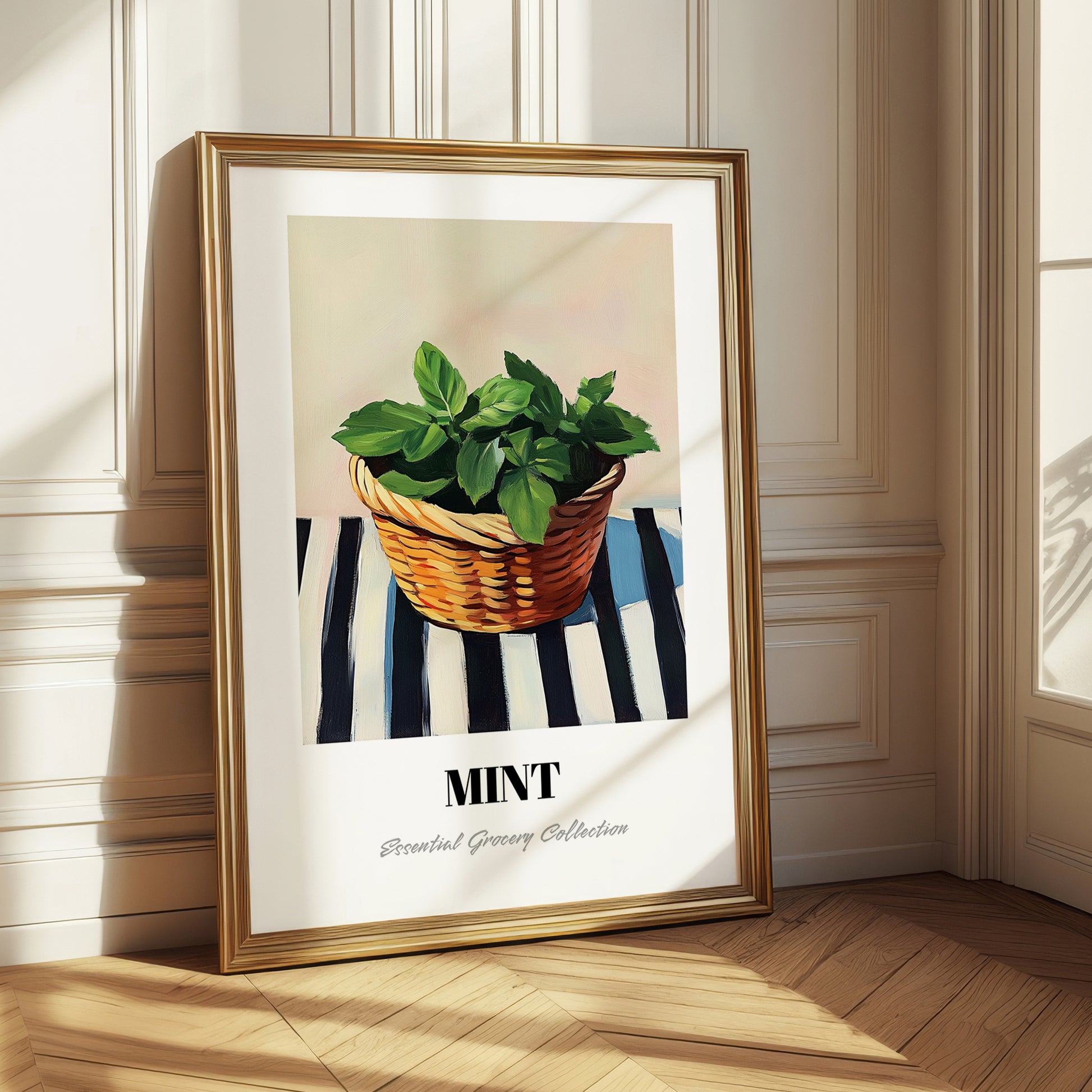 Mint – on Striped Tablecloth, Fresh Herbs Poster