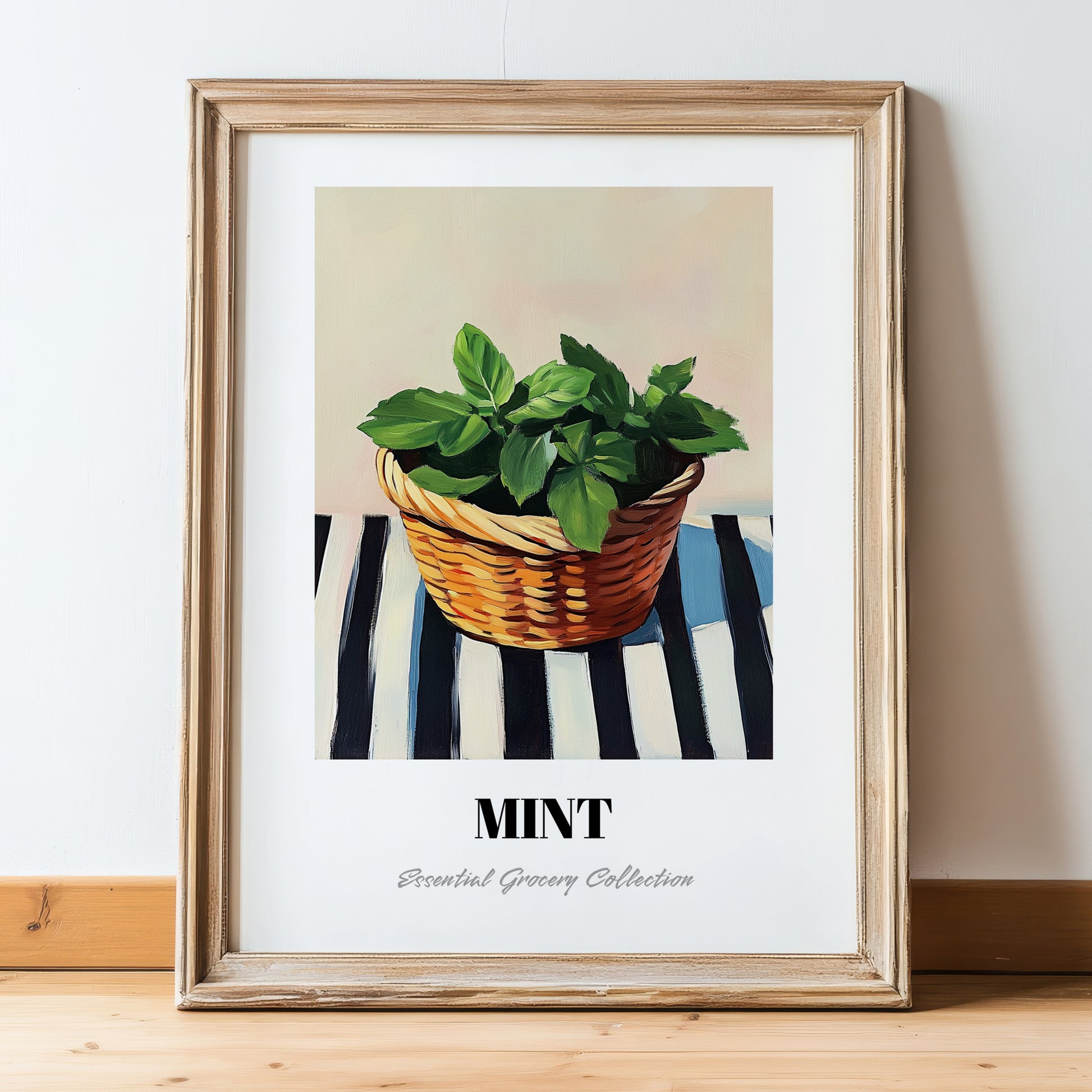 Mint – on Striped Tablecloth, Fresh Herbs Poster, in wooden frame leaning on the floor