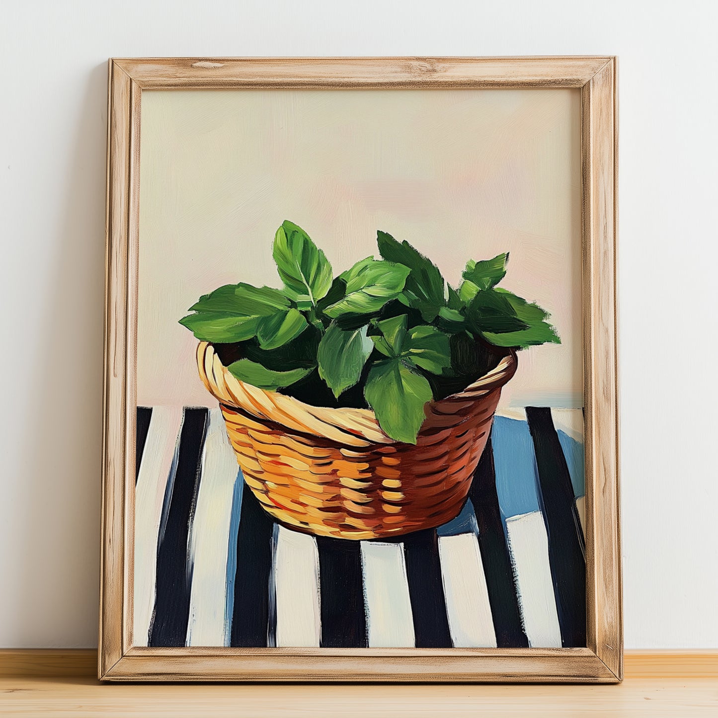 Mint – on Striped Tablecloth, Fresh Herbs Poster, no-text version framed in wood