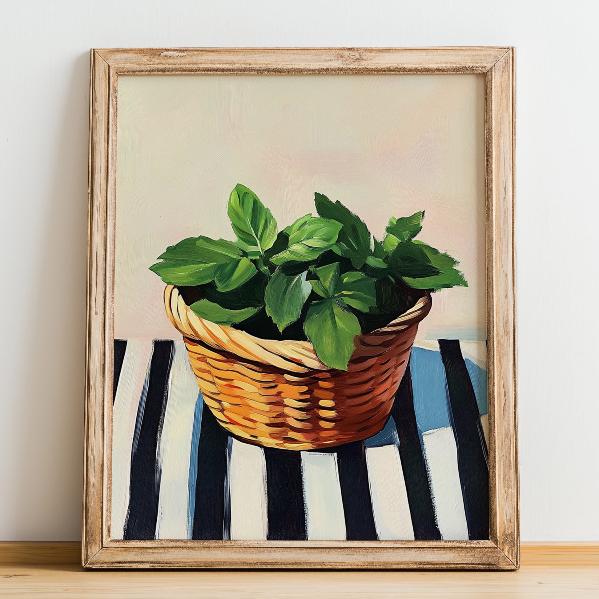 Mint – on Striped Tablecloth, Fresh Herbs Poster, no-text version framed in wood