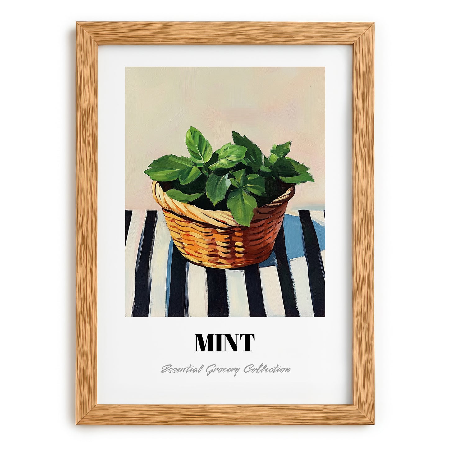 Mint – on Striped Tablecloth, Fresh Herbs Poster, set in oak frame
