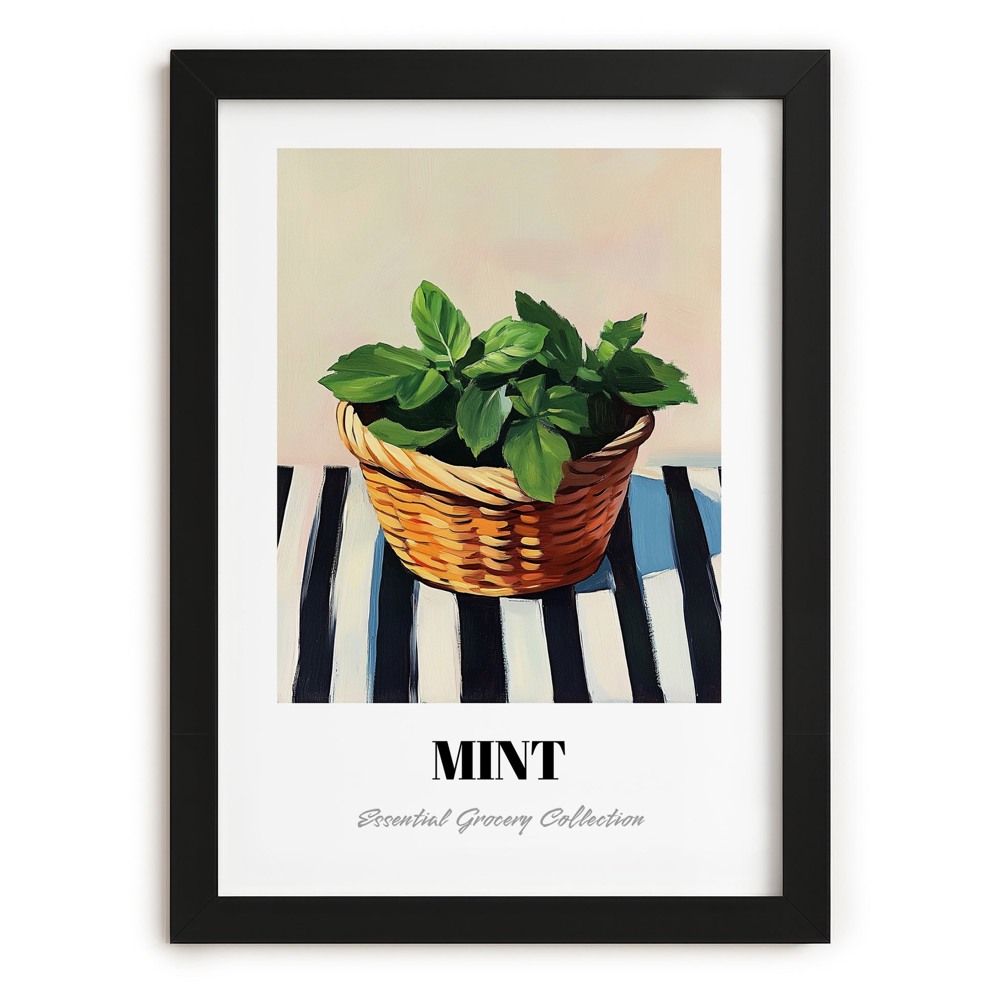 Mint – on Striped Tablecloth, Fresh Herbs Poster, in sleek black frame