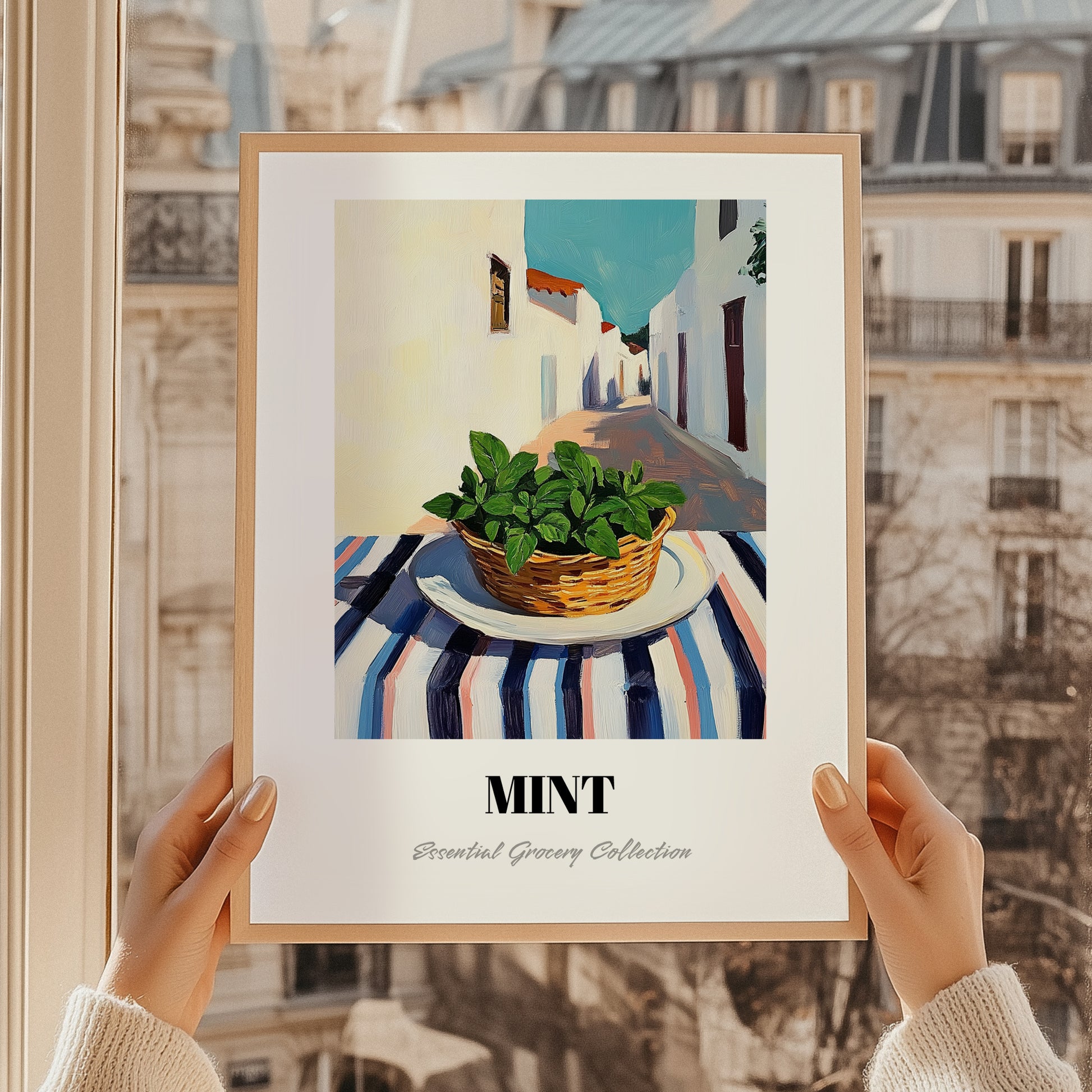 Mint – White village Café on the Corner, Fresh Herbs Painting, styled in a charming Paris street view