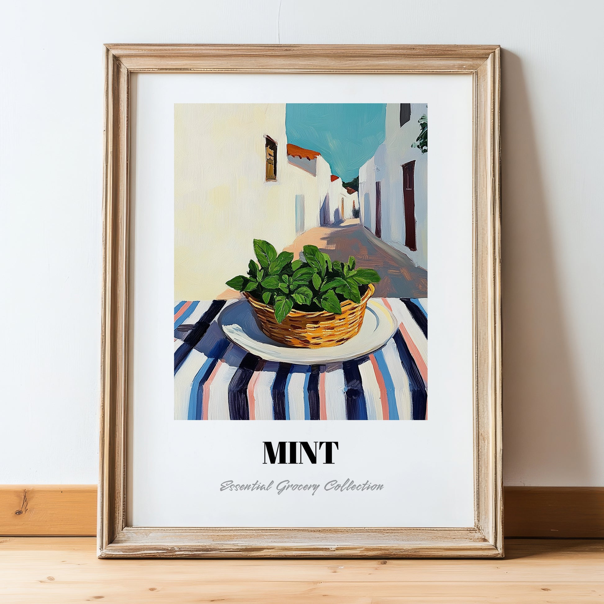 Mint – White village Café on the Corner, Fresh Herbs Painting, in wooden frame leaning on the floor