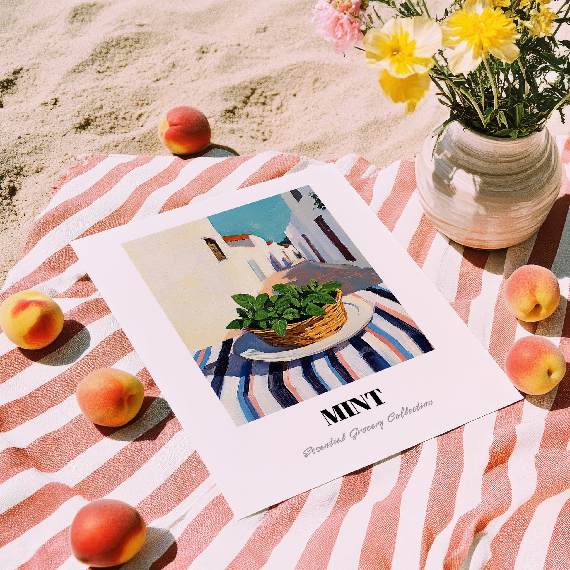 Mint – White village Café on the Corner, Fresh Herbs Painting, unframed on coastal sand