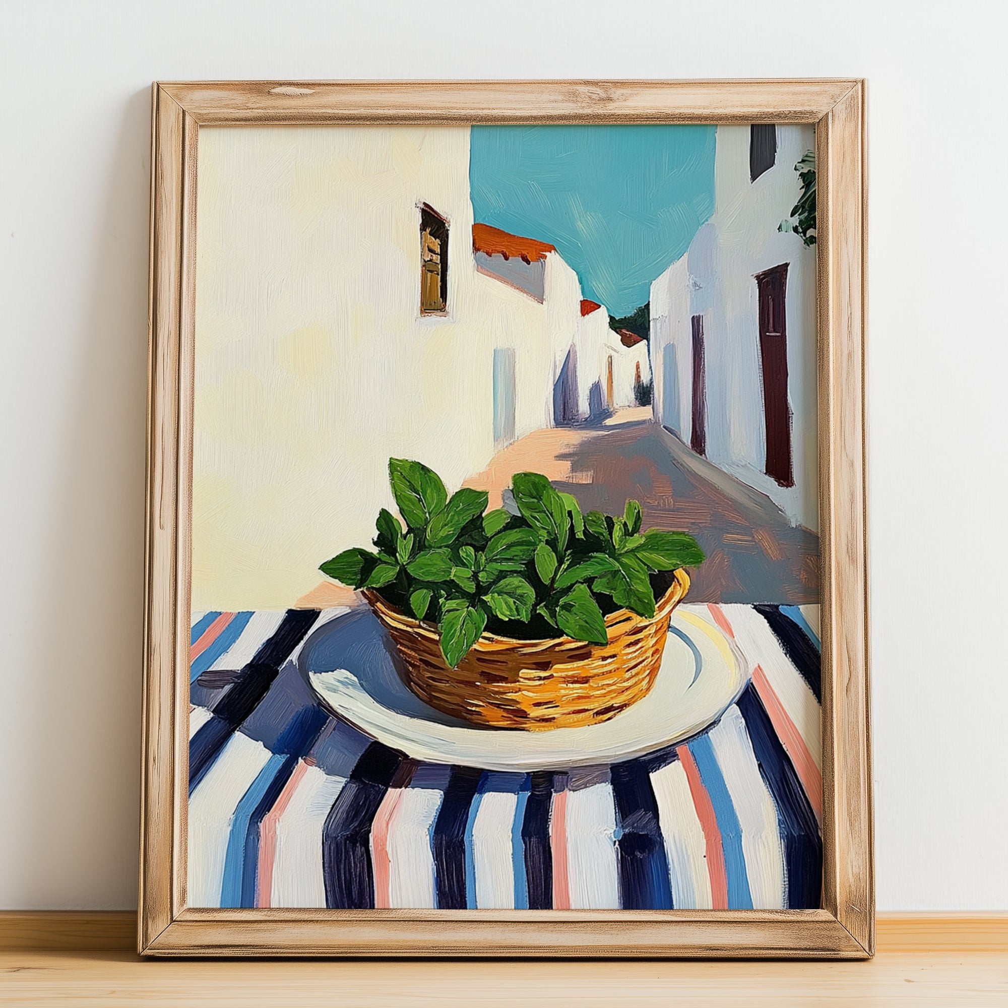 Mint – White village Café on the Corner, Fresh Herbs Painting, no-text version framed in wood