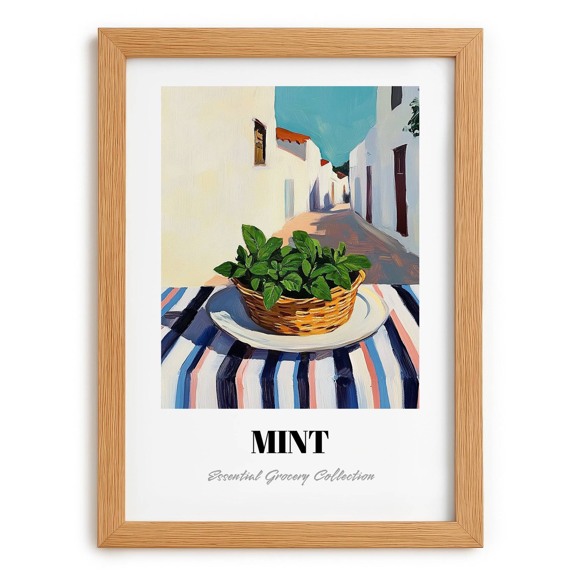 Mint – White village Café on the Corner, Fresh Herbs Painting, set in oak frame