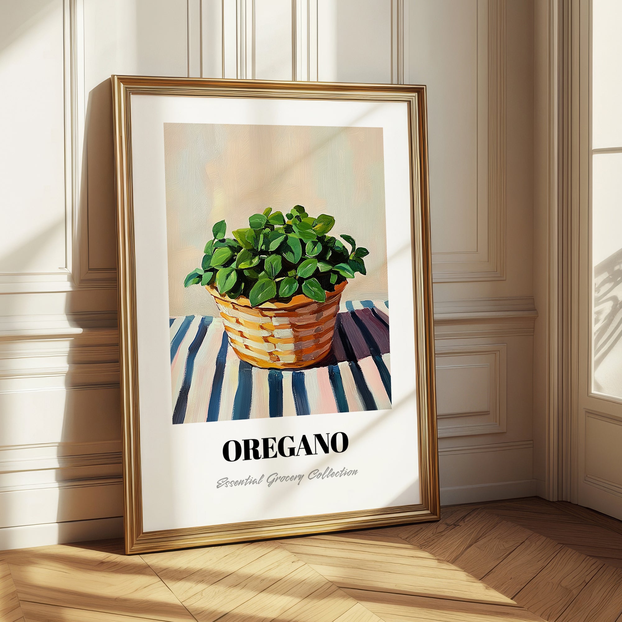 Oregano – on Striped Tablecloth, Fresh Herbs Painting
