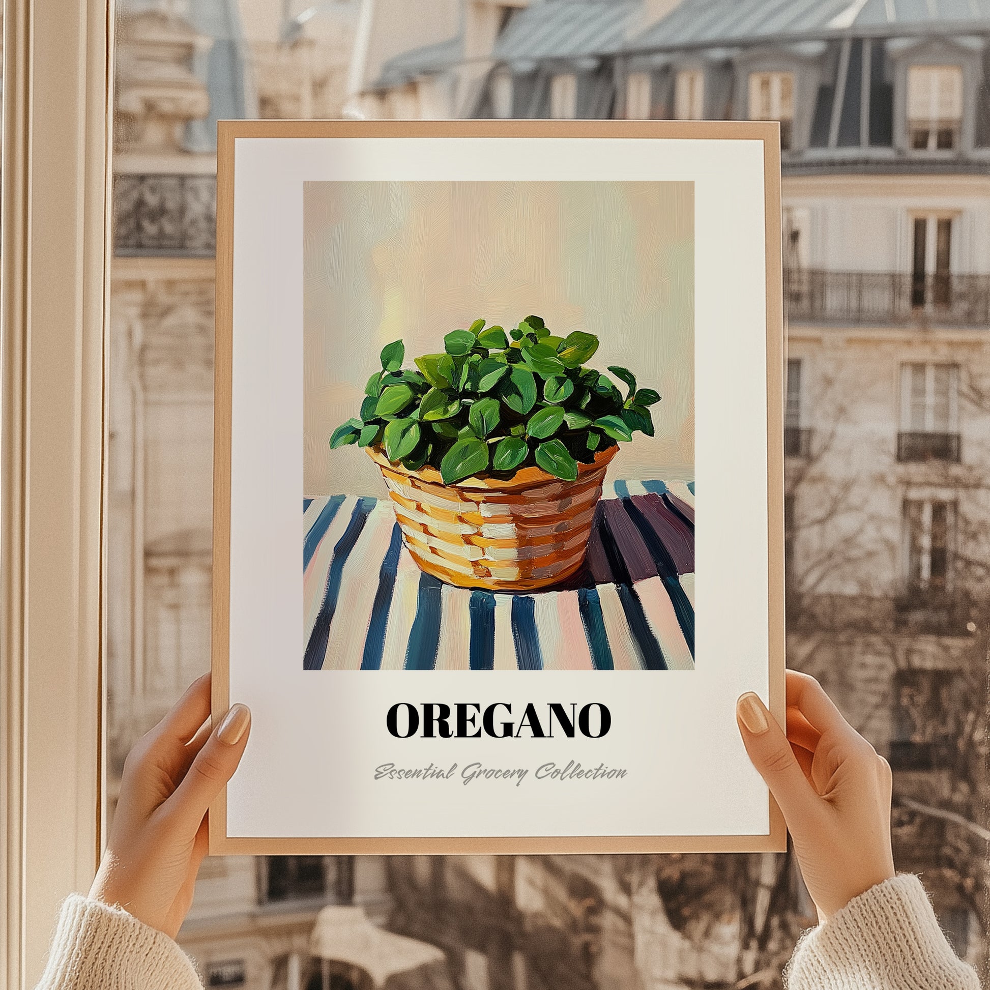 Oregano – on Striped Tablecloth, Fresh Herbs Painting, styled in a charming Paris street view