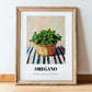 Oregano – on Striped Tablecloth, Fresh Herbs Painting, in wooden frame leaning on the floor