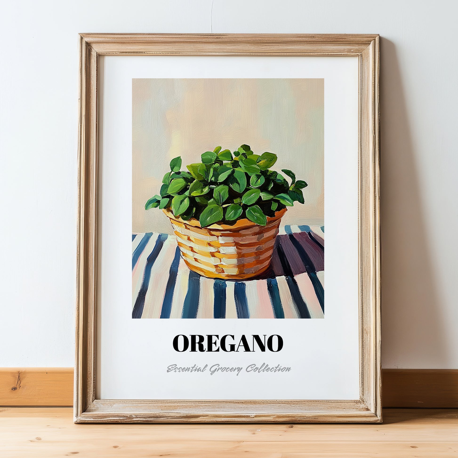 Oregano – on Striped Tablecloth, Fresh Herbs Painting, in wooden frame leaning on the floor
