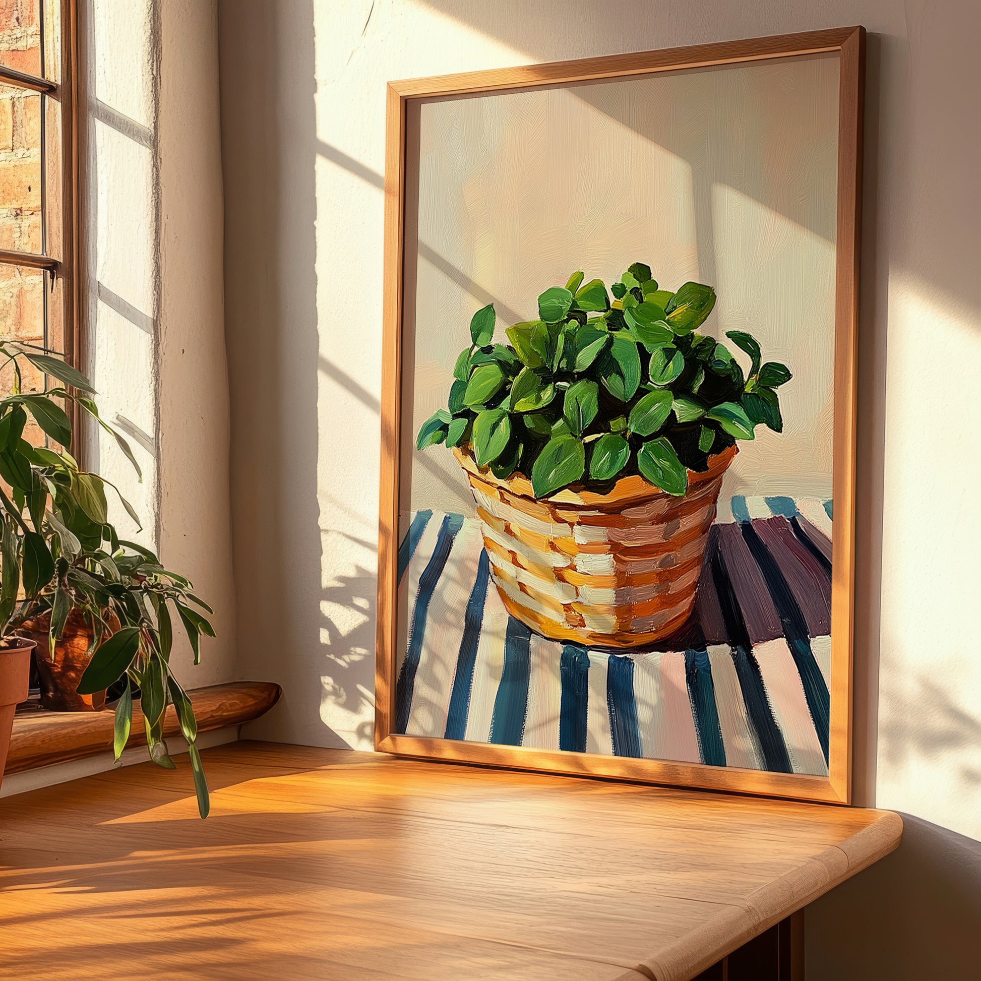 Oregano – on Striped Tablecloth, Fresh Herbs Painting, clean layout with no caption