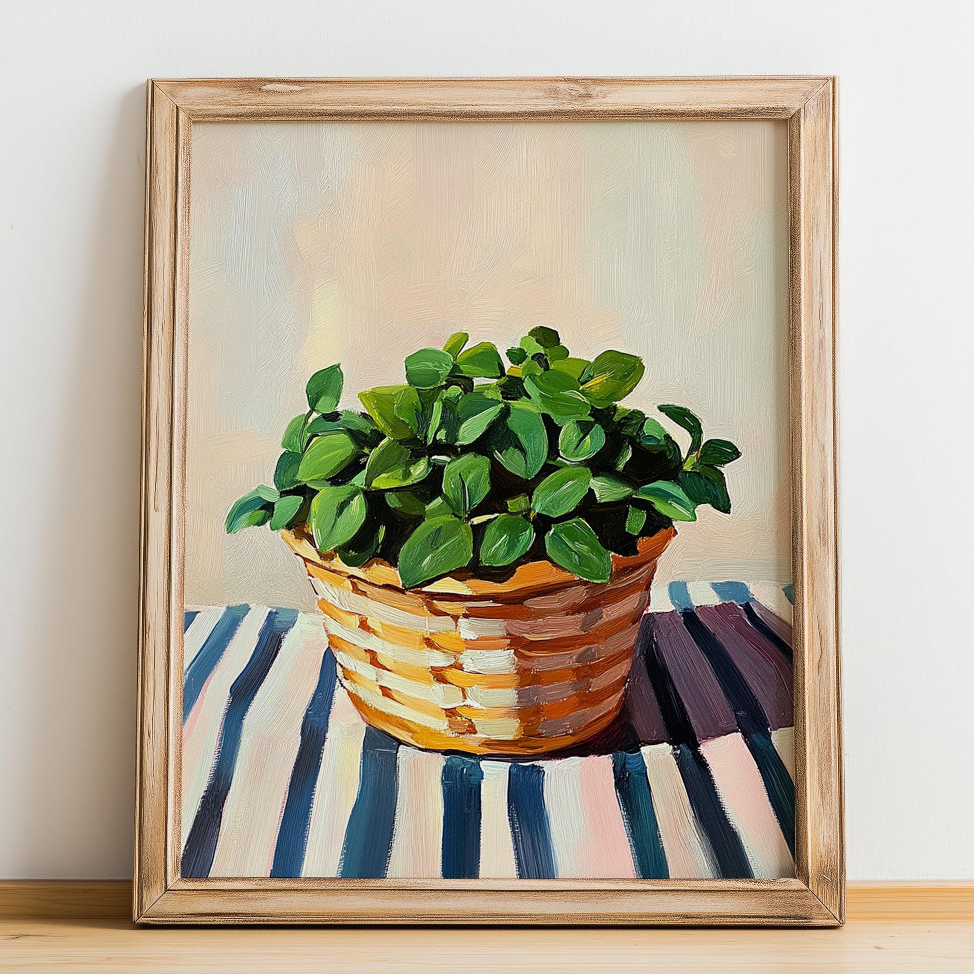 Oregano – on Striped Tablecloth, Fresh Herbs Painting, no-text version framed in wood