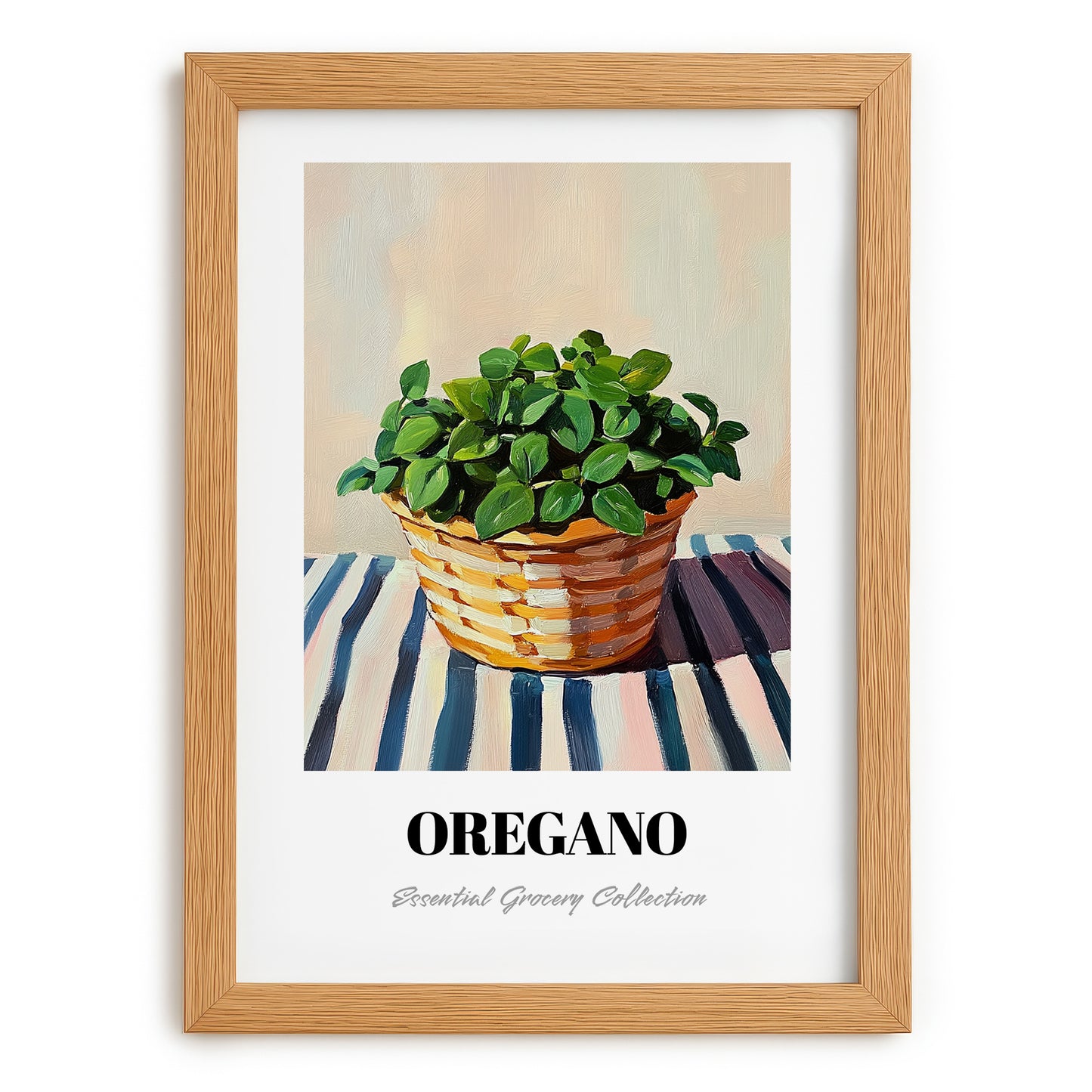 Oregano – on Striped Tablecloth, Fresh Herbs Painting, set in oak frame