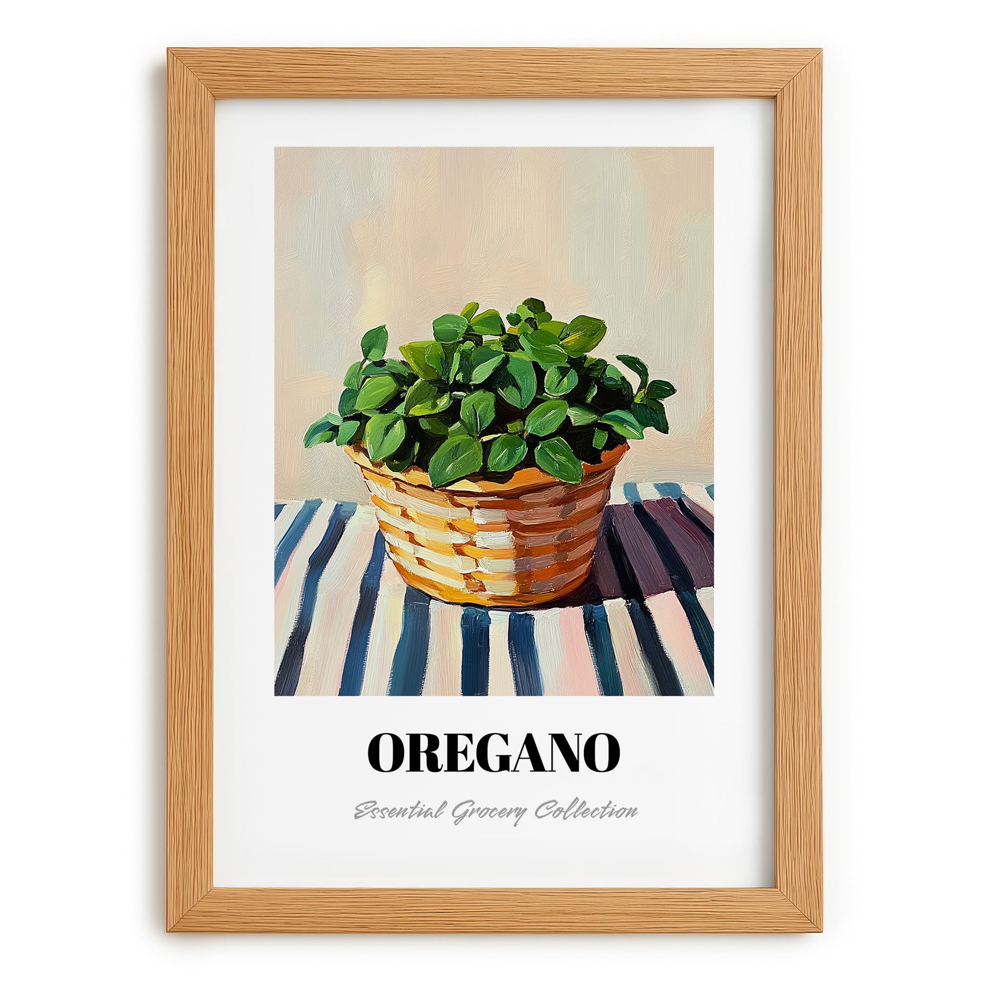 Oregano – on Striped Tablecloth, Fresh Herbs Painting, set in oak frame