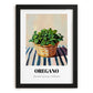 Oregano – on Striped Tablecloth, Fresh Herbs Painting, in sleek black frame