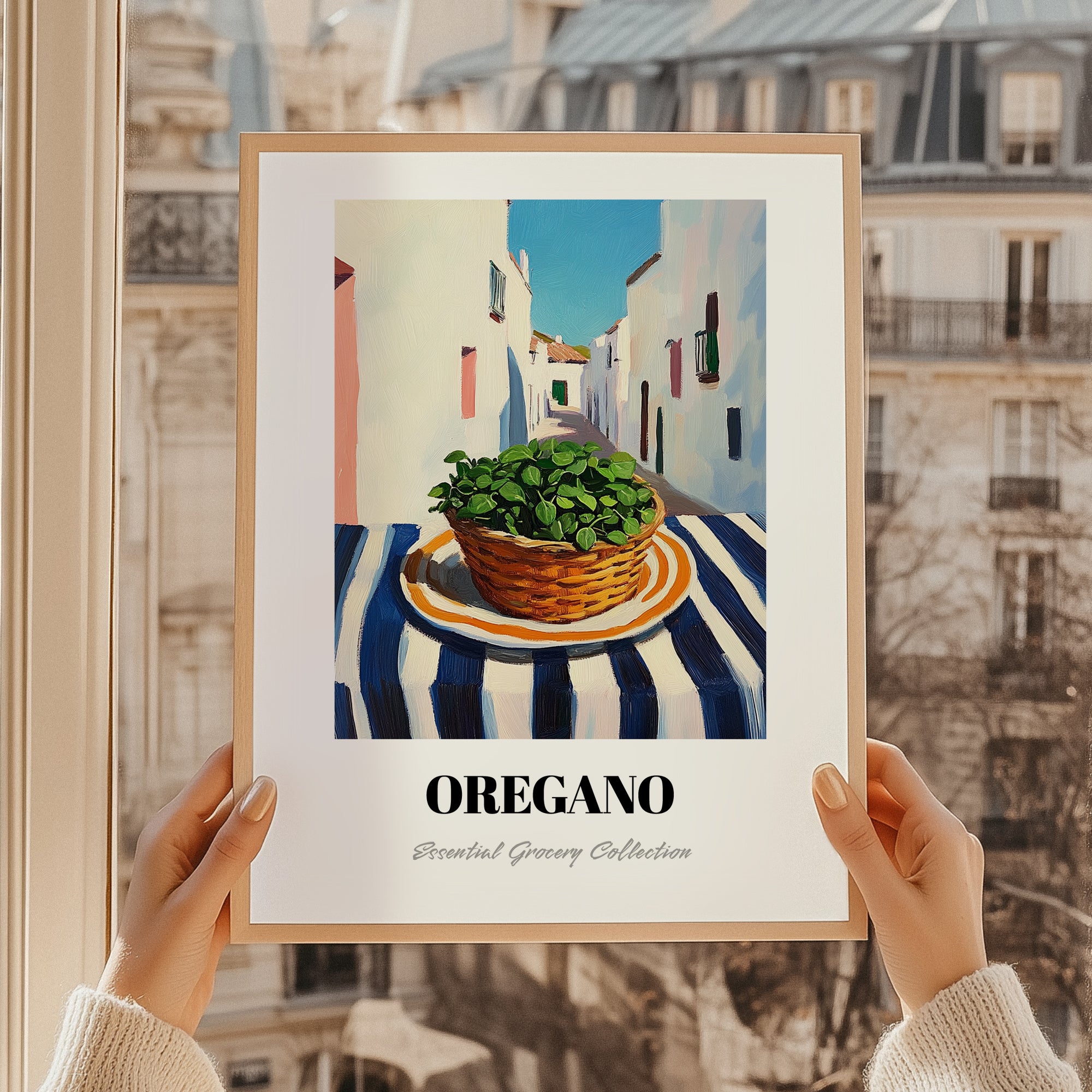 Oregano – White village Street Café Scene, Fresh Herbs Print, styled in a charming Paris street view