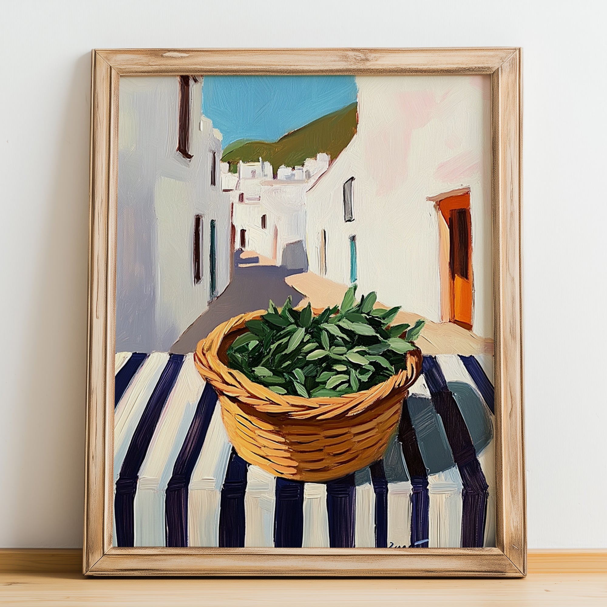 Sage – White village Street Café Scene, Fresh Herbs Illustration, no-text version framed in wood