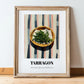 Tarragon – on Striped Tablecloth, Fresh Herbs Poster, in wooden frame leaning on the floor