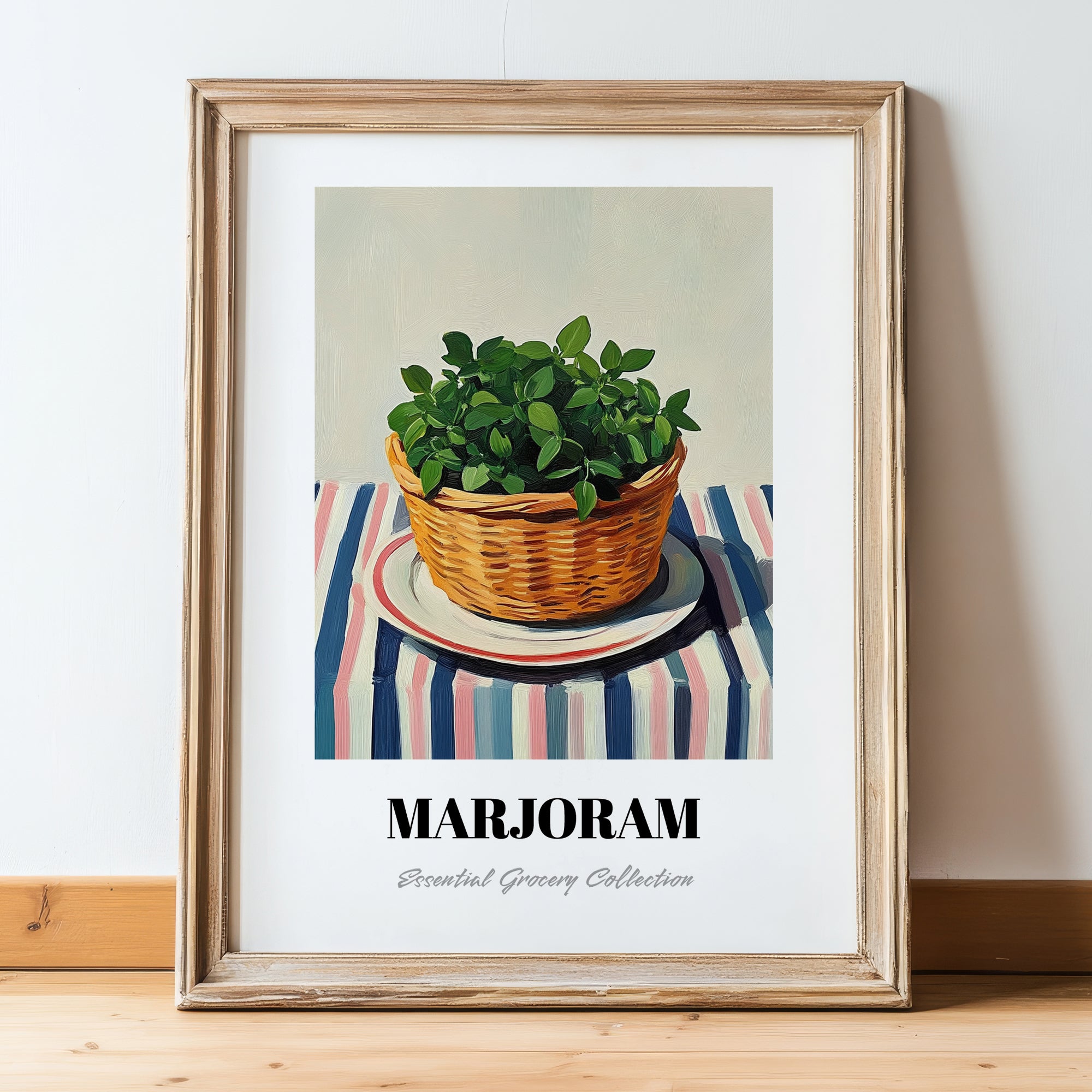 Marjoram – on Striped Tablecloth, Fresh Herbs Poster, in wooden frame leaning on the floor