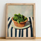 Lovage – on Striped Tablecloth, Fresh Herbs Illustration, no-text version framed in wood